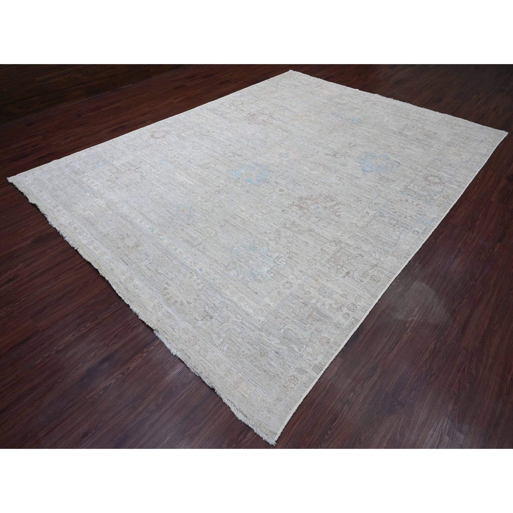9'x11'10" Cloud Gray, Afghan Angora Oushak with All Over Leaf Design, Hand Knotted, 100% Wool, Vegetable Dyes, Oriental Rug Sh20460