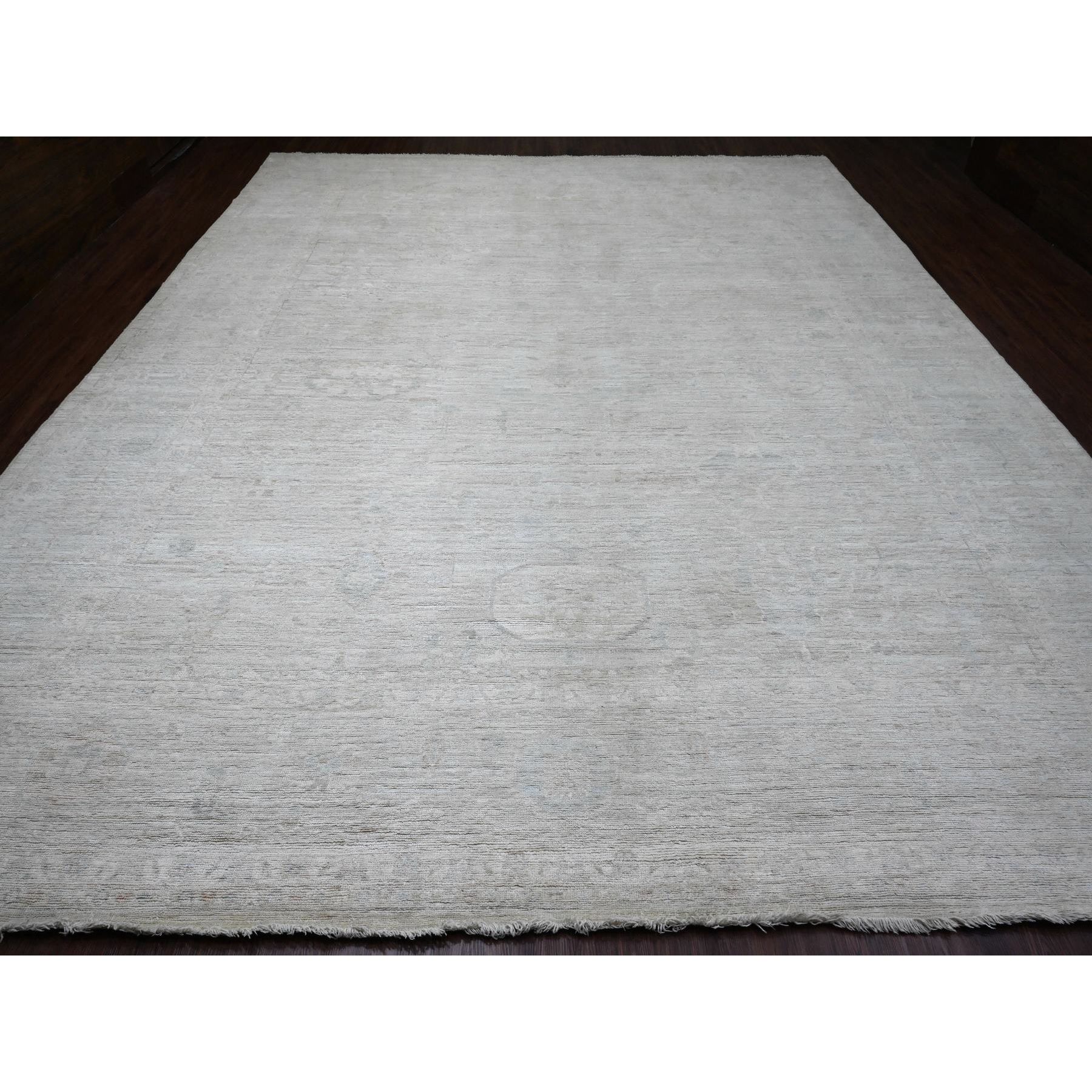12'x14'8" Cascading White, Hand Knotted, Afghan Angora Oushak with All Over Leaf Pattern, Natural Dyes, 100% Wool, Oversized, Oriental Rug Sh20461