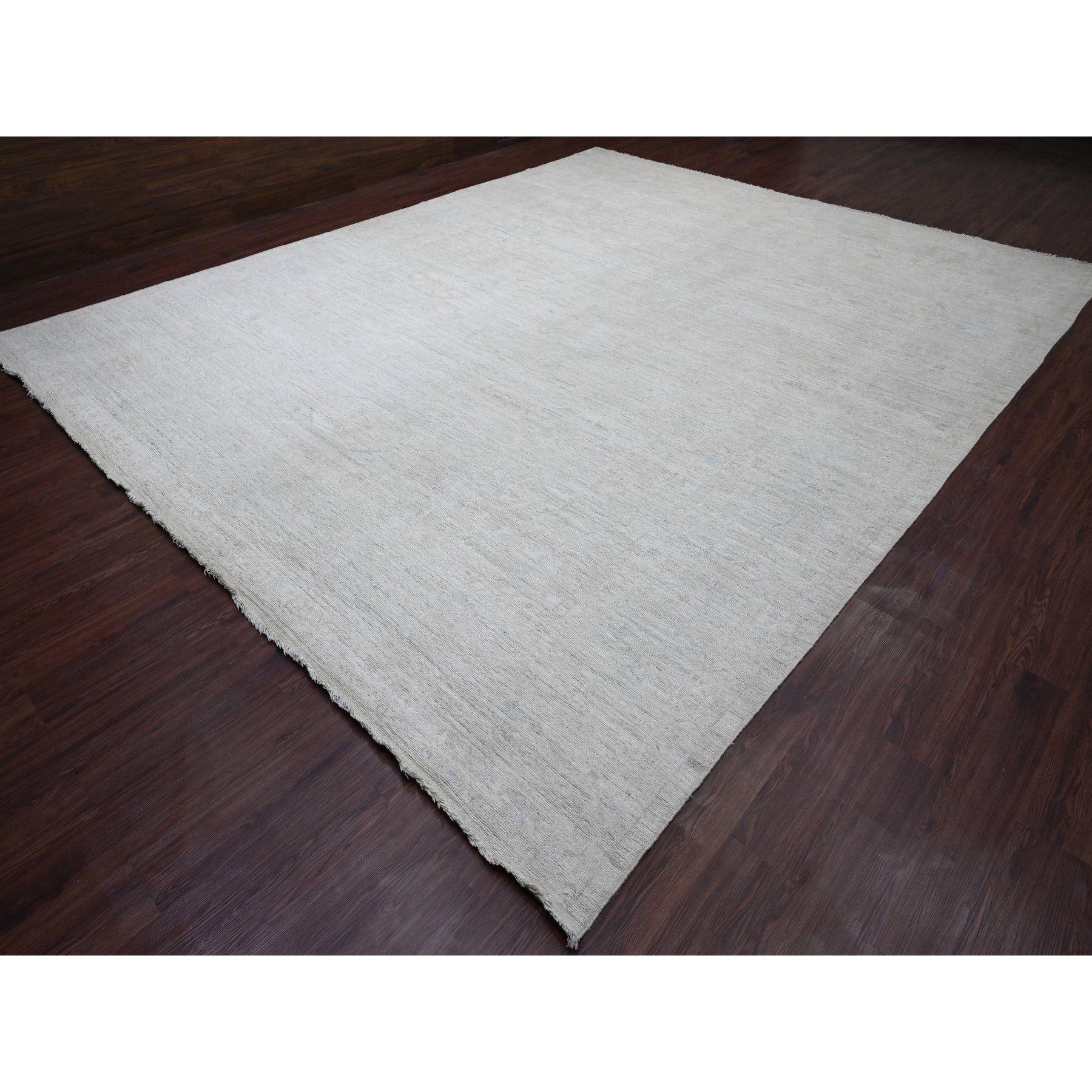 12'x14'8" Cascading White, Hand Knotted, Afghan Angora Oushak with All Over Leaf Pattern, Natural Dyes, 100% Wool, Oversized, Oriental Rug Sh20461