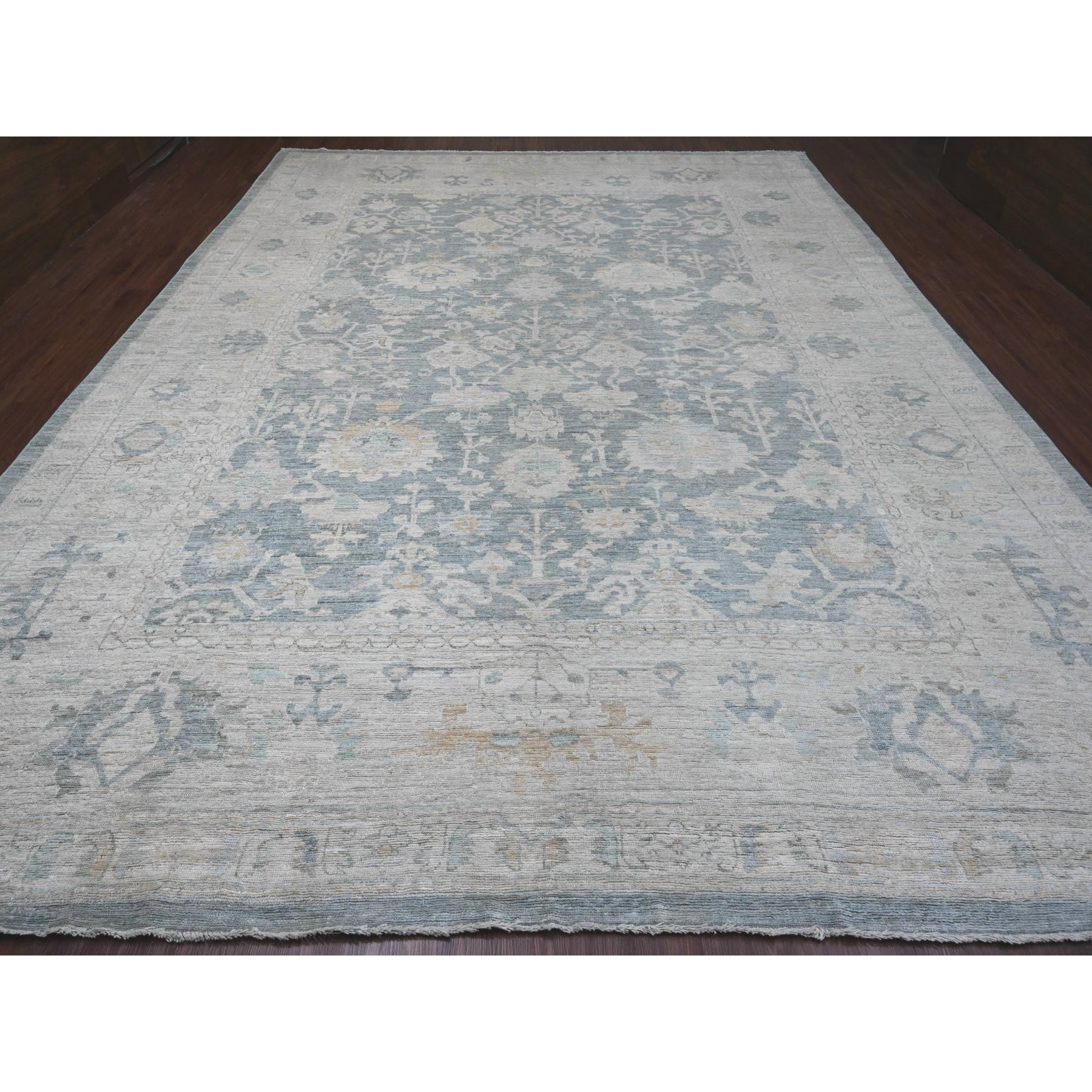 11'9"x15'5" Marengo Gray, Afghan Angora Oushak with All Over Leaf Design, Hand Knotted, Vegetable Dyes, 100% Wool, Oversized, Oriental Rug Sh20462