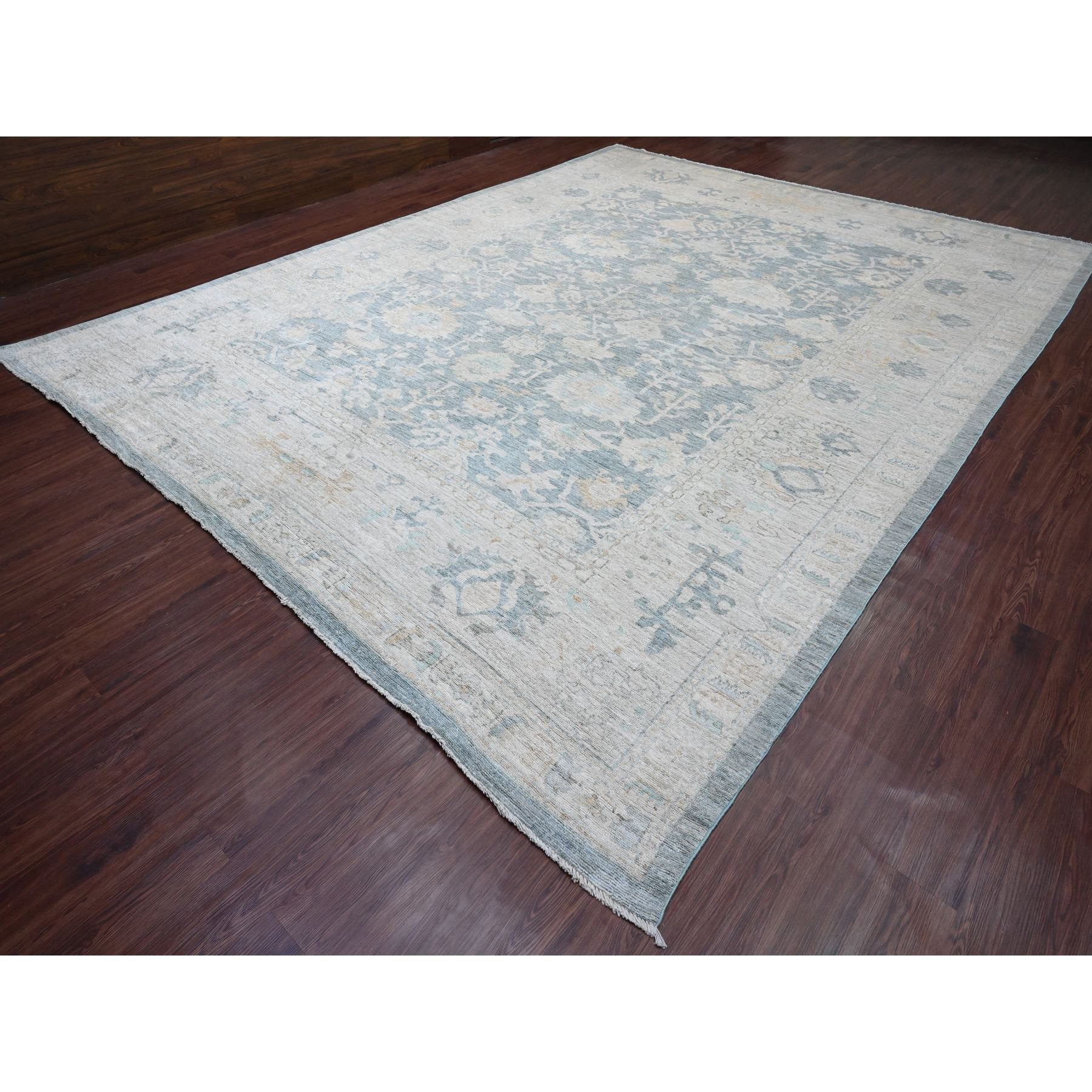 11'9"x15'5" Marengo Gray, Afghan Angora Oushak with All Over Leaf Design, Hand Knotted, Vegetable Dyes, 100% Wool, Oversized, Oriental Rug Sh20462