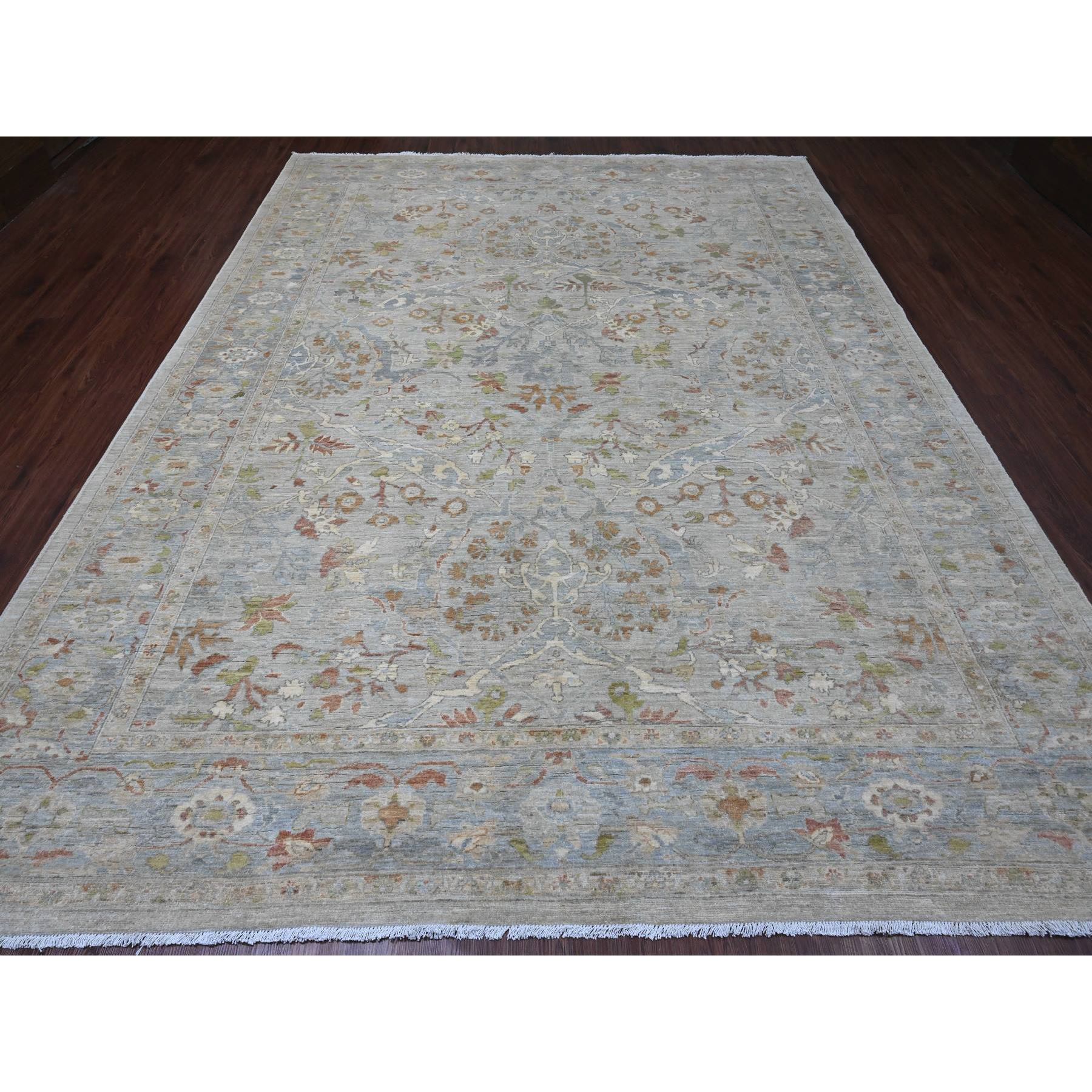 9'x11'10" Misty Gray, Hand Knotted, All Over Design Ziegler Mahal with Touches of Gold, Chocolate Brown and Green, 100% Wool, Natural Dyes, Oriental Rug Sh20464