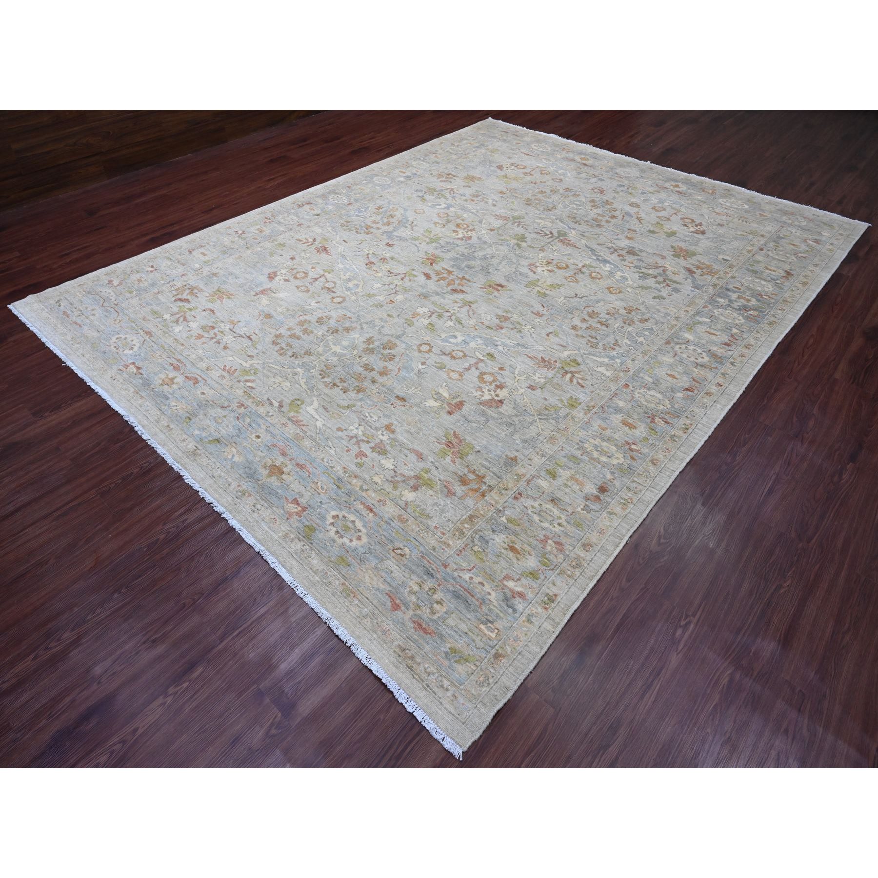 9'x11'10" Misty Gray, Hand Knotted, All Over Design Ziegler Mahal with Touches of Gold, Chocolate Brown and Green, 100% Wool, Natural Dyes, Oriental Rug Sh20464