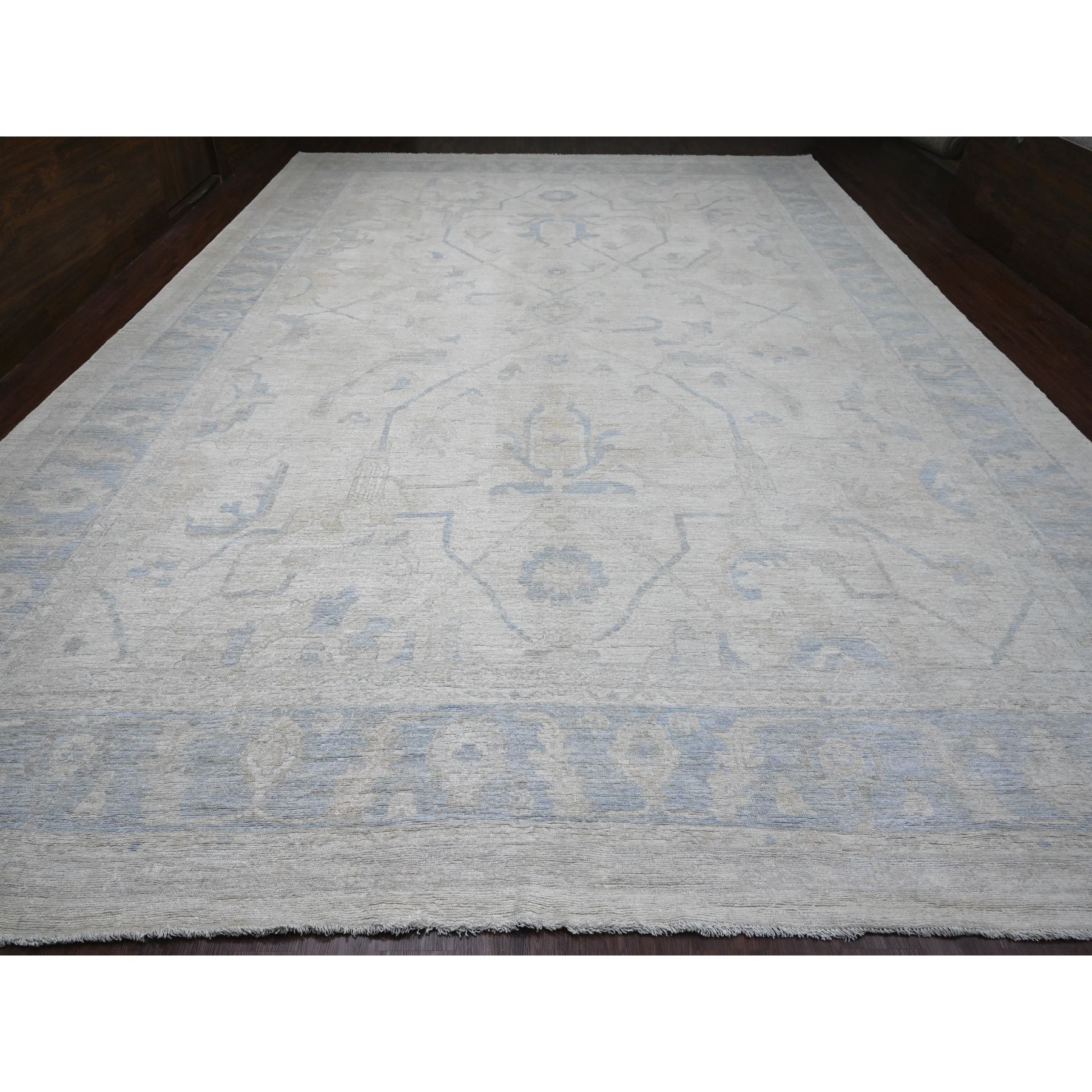 13'6"x18'5" Pearl White, Hand Knotted, Afghan Angora Oushak with All Over Vines Design, Natural Dyes, 100% Wool, Oversized, Oriental Rug Sh20470