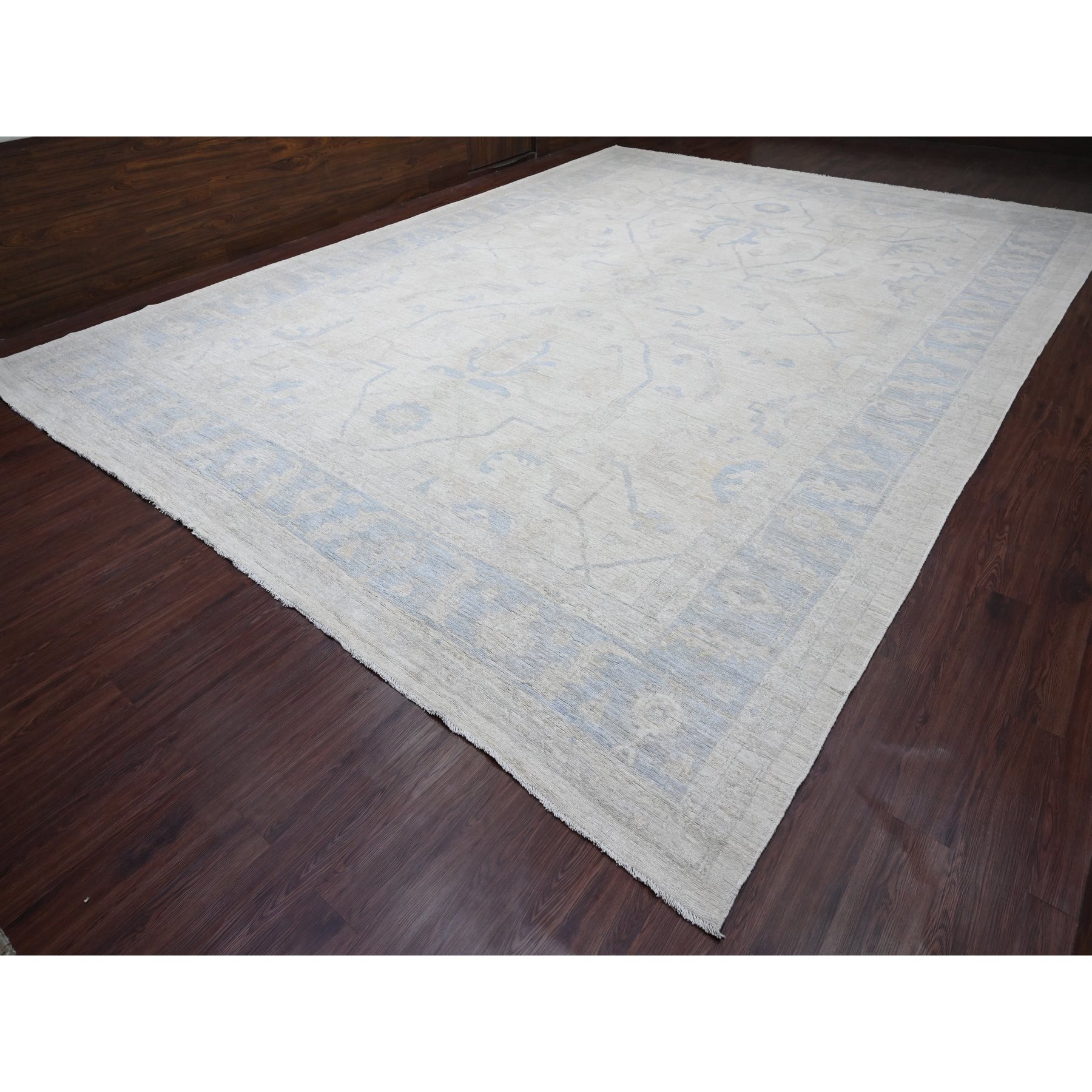 13'6"x18'5" Pearl White, Hand Knotted, Afghan Angora Oushak with All Over Vines Design, Natural Dyes, 100% Wool, Oversized, Oriental Rug Sh20470