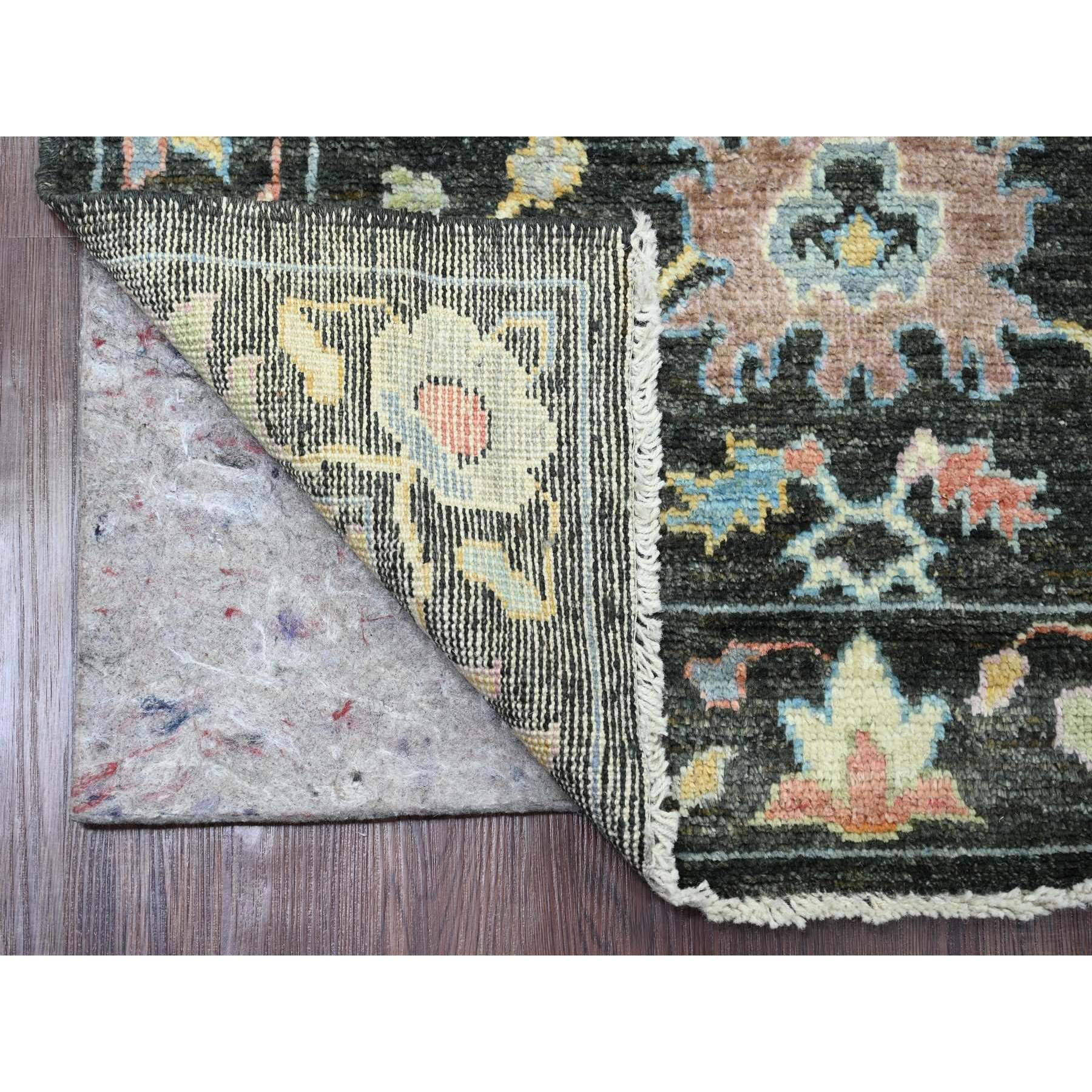 3'3"x11'6" Charcoal Black, Afghan Angora Oushak with Colorful Leaf Design, Hand Knotted, Vegetable Dyes, 100% Wool, Runner, Oriental Rug Sh20474