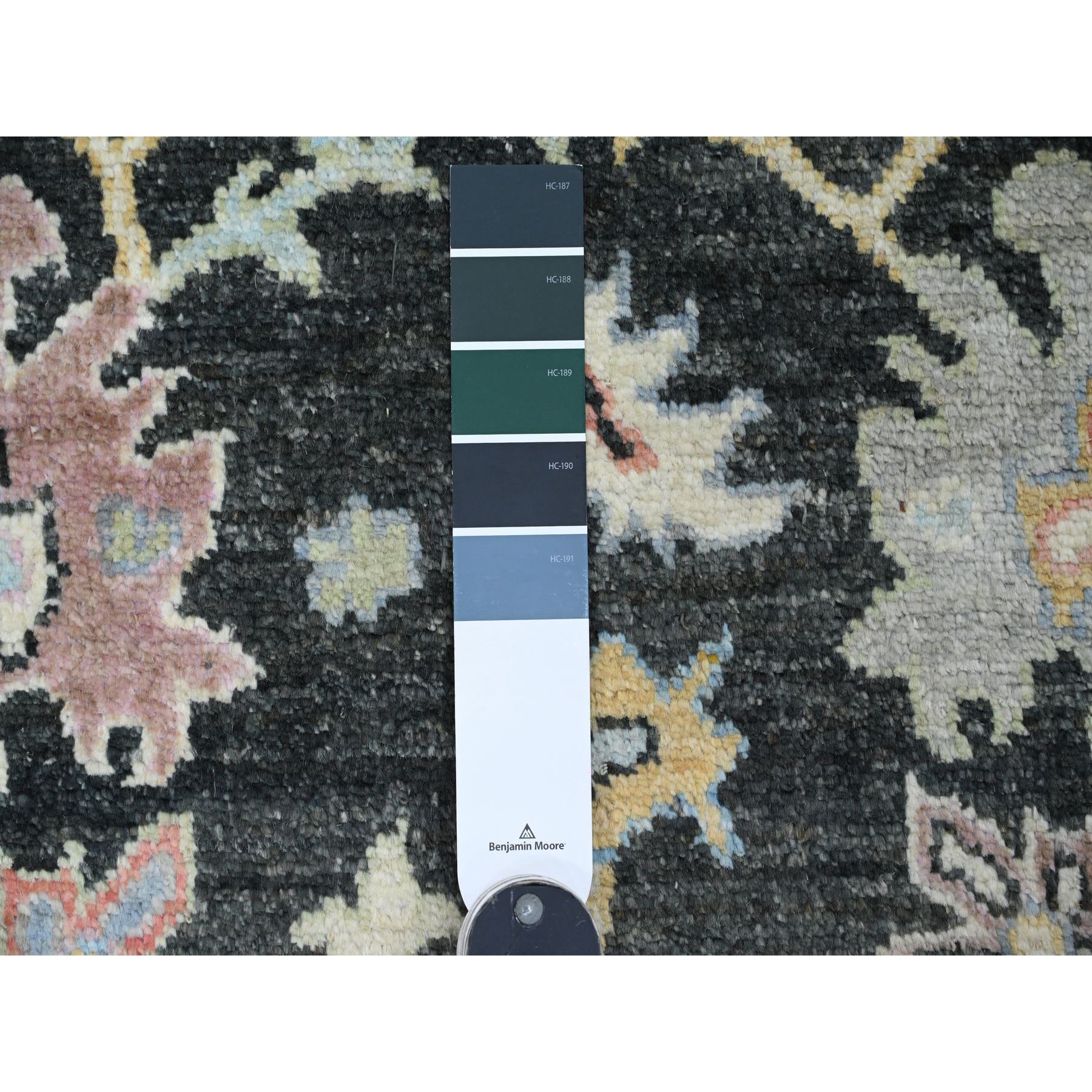 3'3"x11'6" Charcoal Black, Afghan Angora Oushak with Colorful Leaf Design, Hand Knotted, Vegetable Dyes, 100% Wool, Runner, Oriental Rug Sh20474