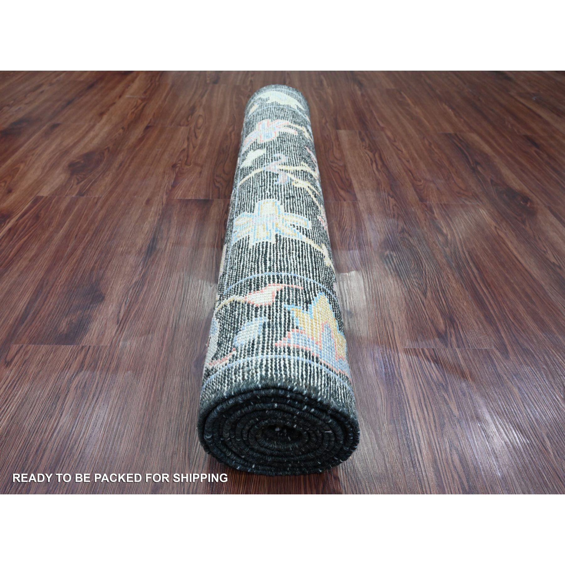 3'3"x11'6" Charcoal Black, Afghan Angora Oushak with Colorful Leaf Design, Hand Knotted, Vegetable Dyes, 100% Wool, Runner, Oriental Rug Sh20474
