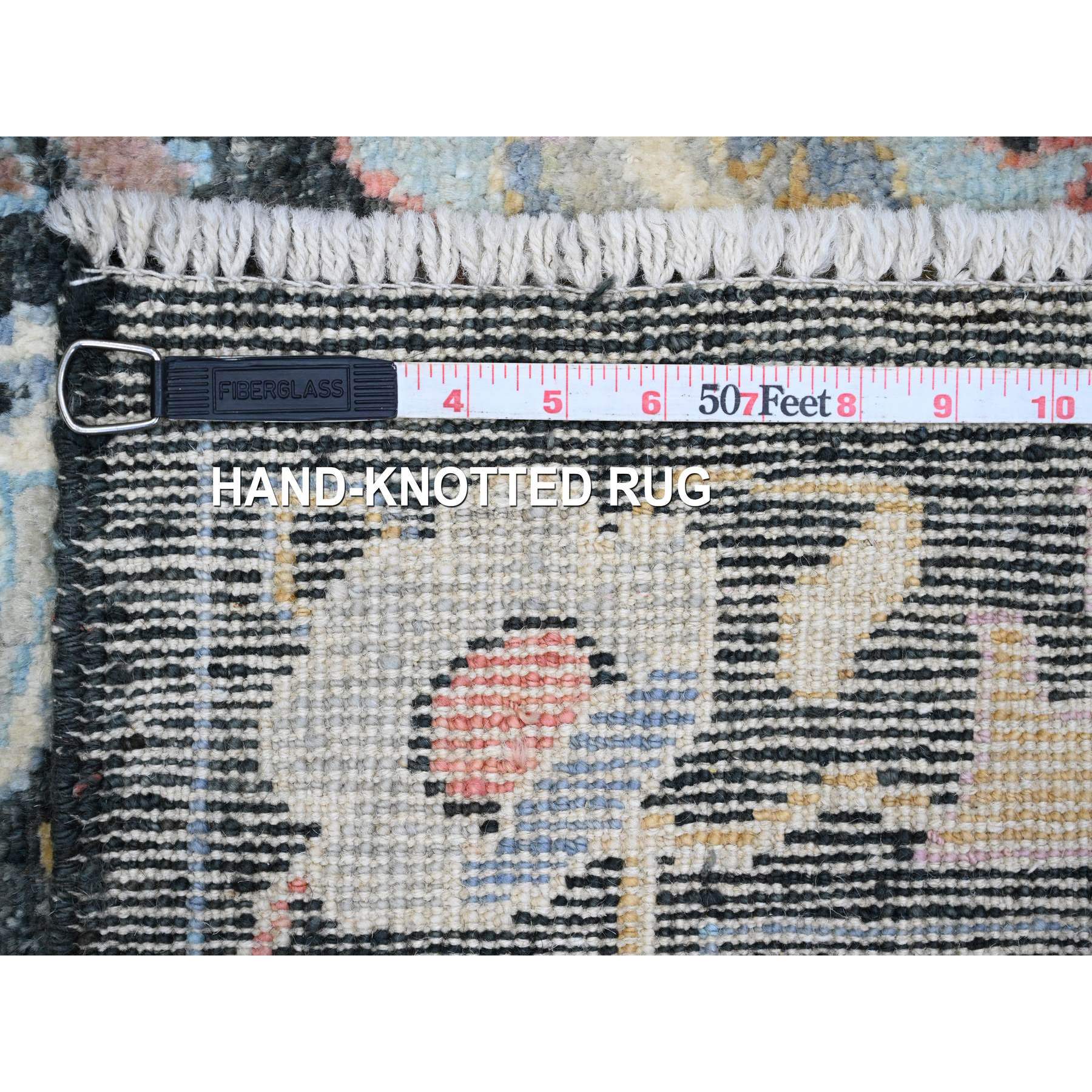 3'3"x11'6" Charcoal Black, Afghan Angora Oushak with Colorful Leaf Design, Hand Knotted, Vegetable Dyes, 100% Wool, Runner, Oriental Rug Sh20474