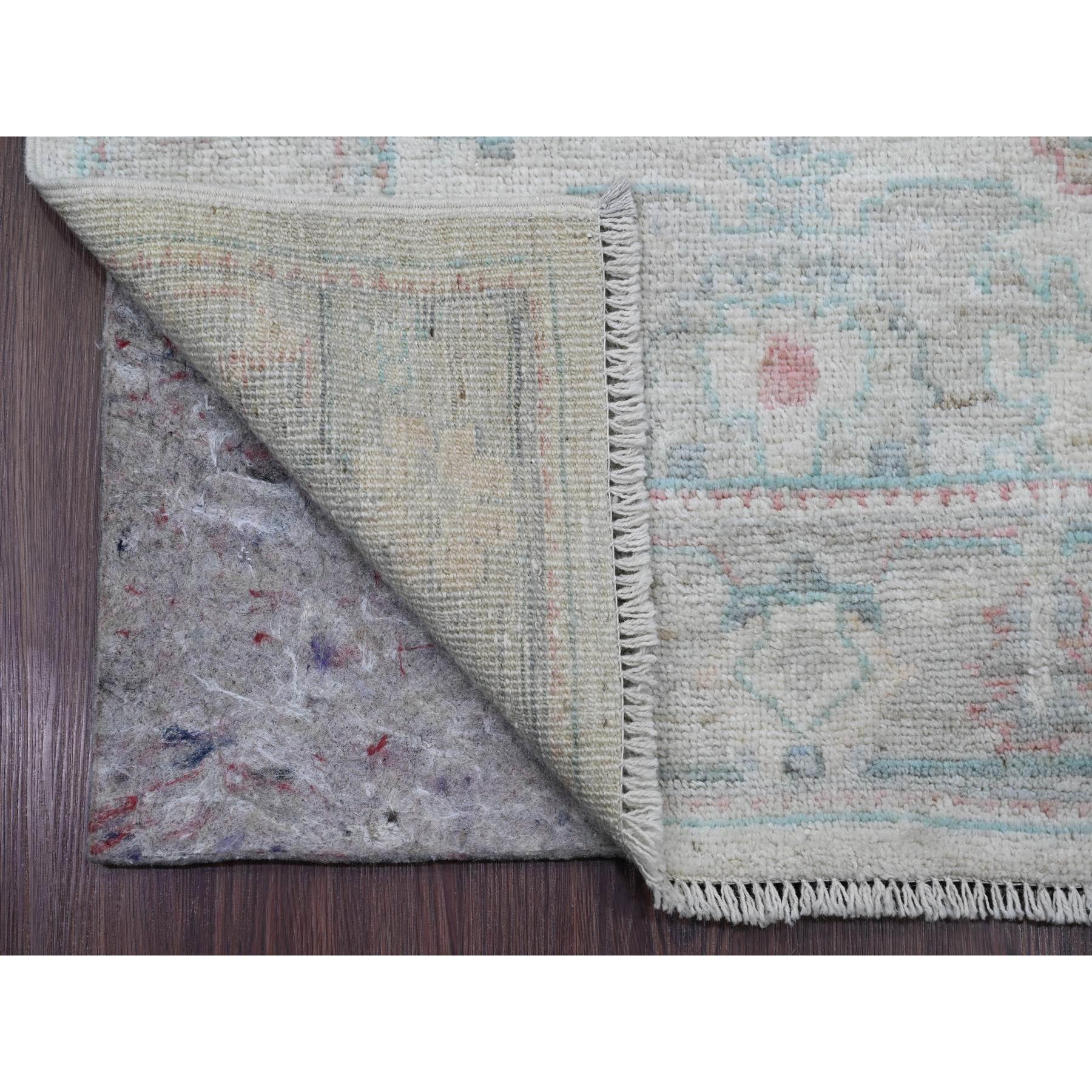 2'10"x11'7" Chiffon White, Hand Knotted, Afghan Angora Oushak with Colorful Leaf Design, Natural Dyes, 100% Wool, Runner, Oriental Rug Sh20475