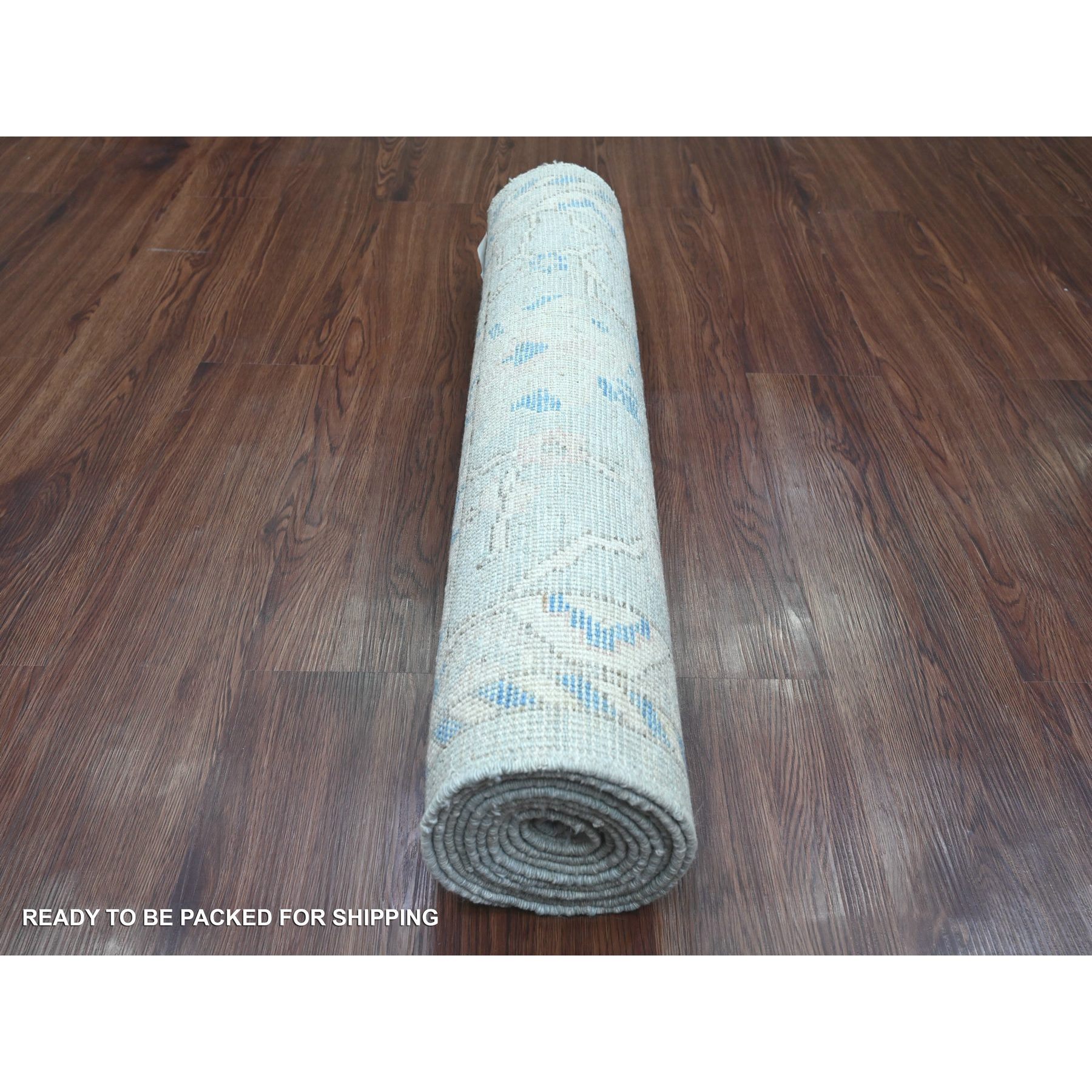 2'10"x9'7" Misty Gray, Afghan Angora Oushak with All Over Leaf Design, Hand Knotted, Natural Dyes, 100% Wool, Runner, Oriental Rug Sh20477