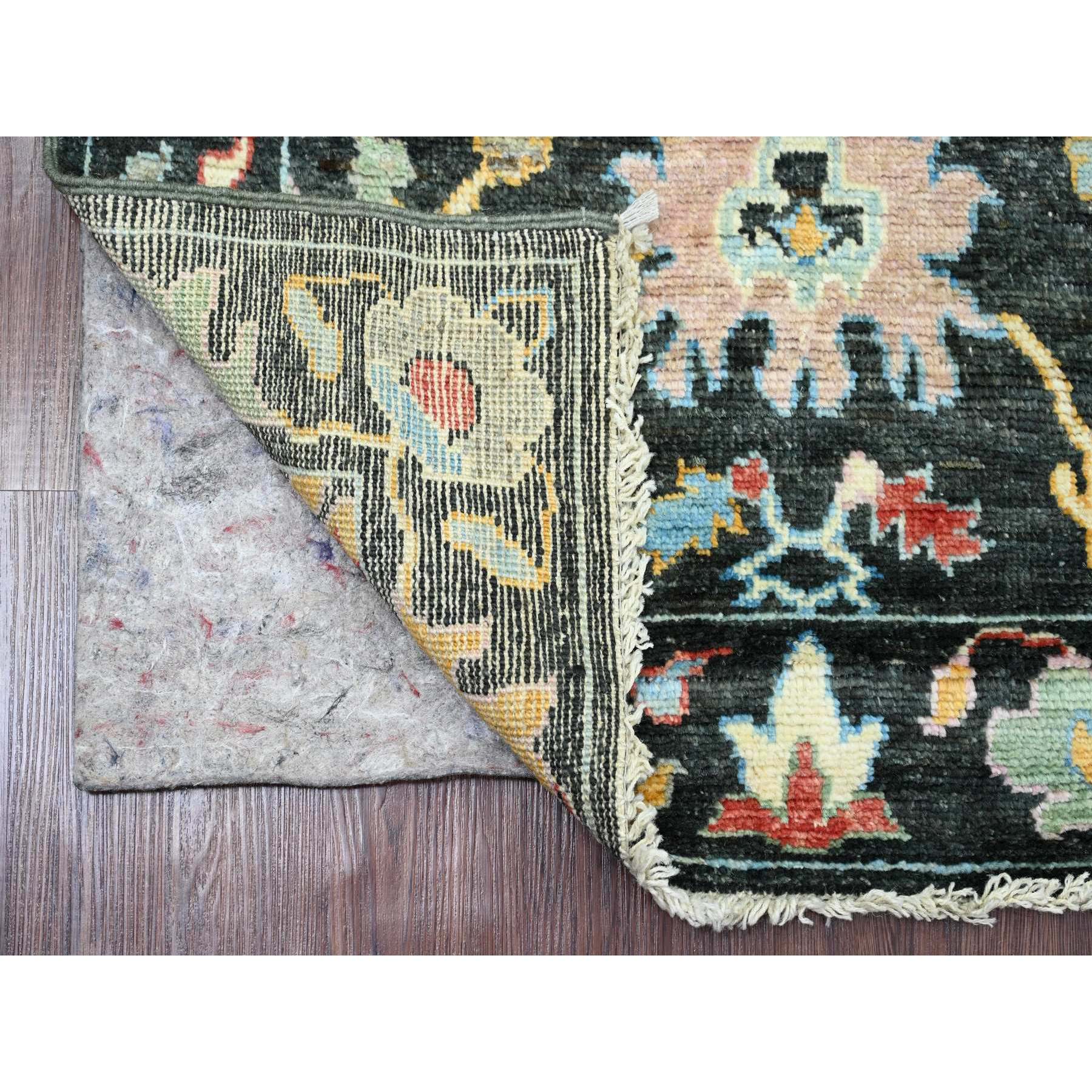 2'10"x9'8" Leather Black, Afghan Angora Oushak with Bold Colors Leaf Design, Hand Knotted, Vegetable Dyes, 100% Wool, Runner, Oriental Rug Sh20478