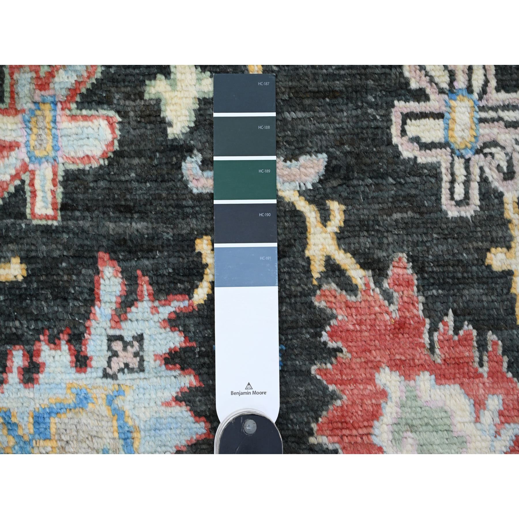 2'10"x9'8" Leather Black, Afghan Angora Oushak with Bold Colors Leaf Design, Hand Knotted, Vegetable Dyes, 100% Wool, Runner, Oriental Rug Sh20478