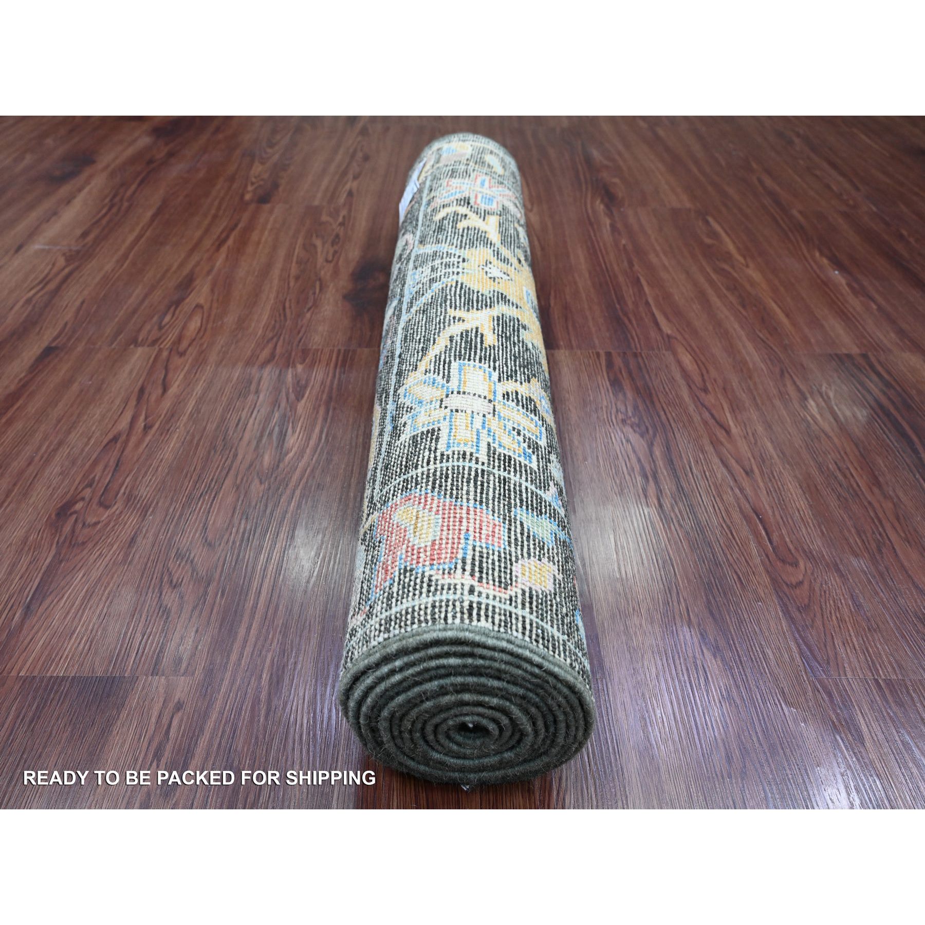 2'10"x9'8" Leather Black, Afghan Angora Oushak with Bold Colors Leaf Design, Hand Knotted, Vegetable Dyes, 100% Wool, Runner, Oriental Rug Sh20478