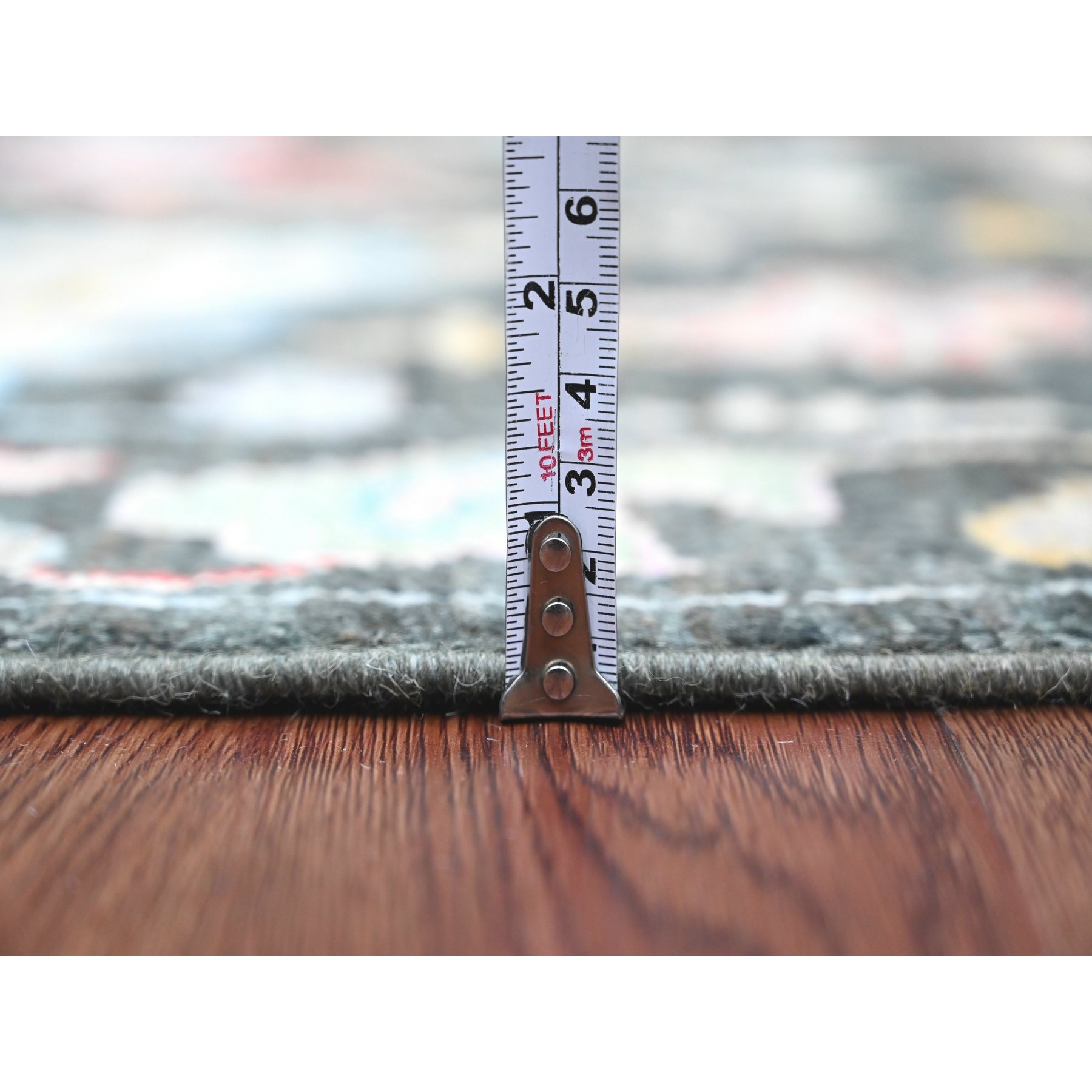 2'10"x9'8" Leather Black, Afghan Angora Oushak with Bold Colors Leaf Design, Hand Knotted, Vegetable Dyes, 100% Wool, Runner, Oriental Rug Sh20478