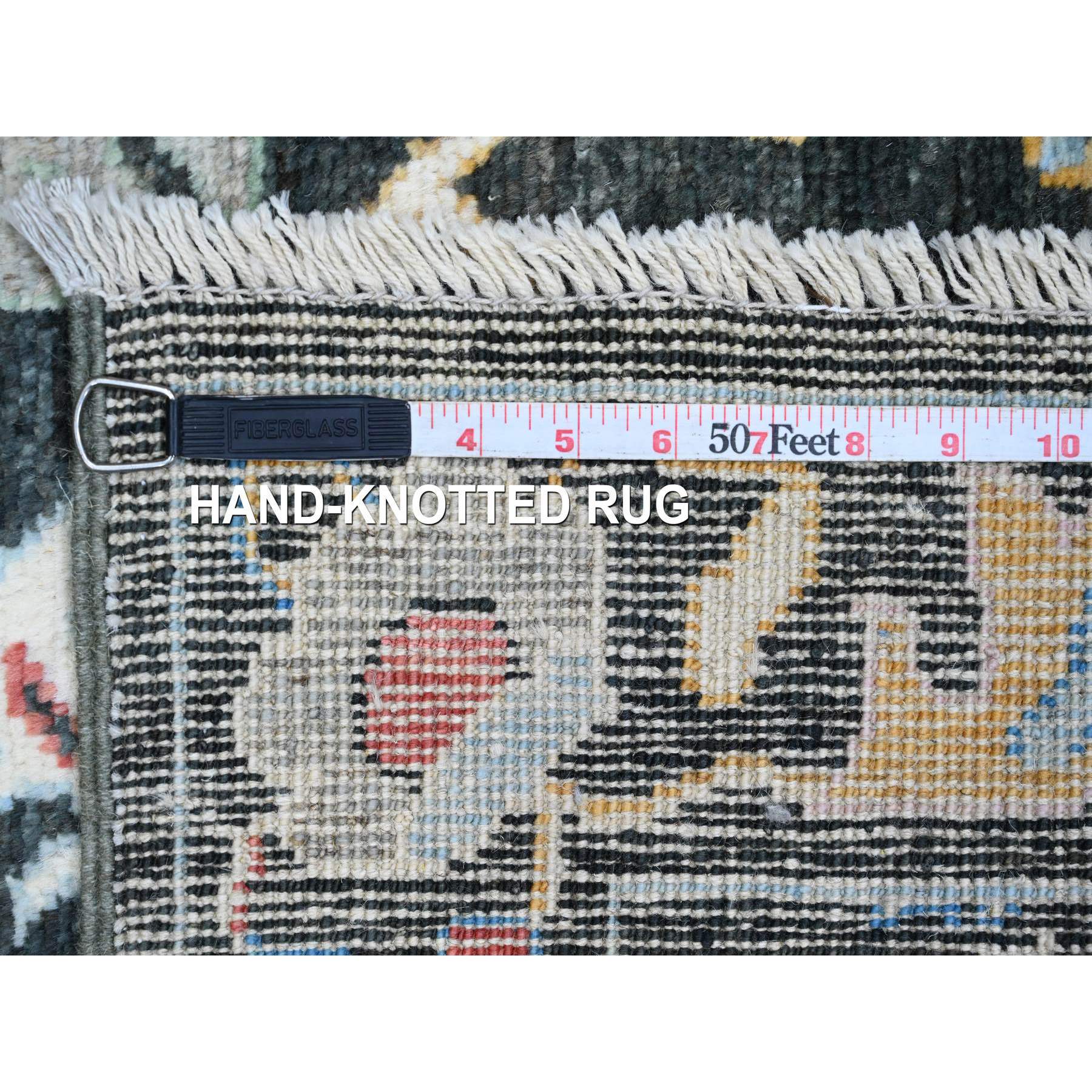 2'10"x9'8" Leather Black, Afghan Angora Oushak with Bold Colors Leaf Design, Hand Knotted, Vegetable Dyes, 100% Wool, Runner, Oriental Rug Sh20478