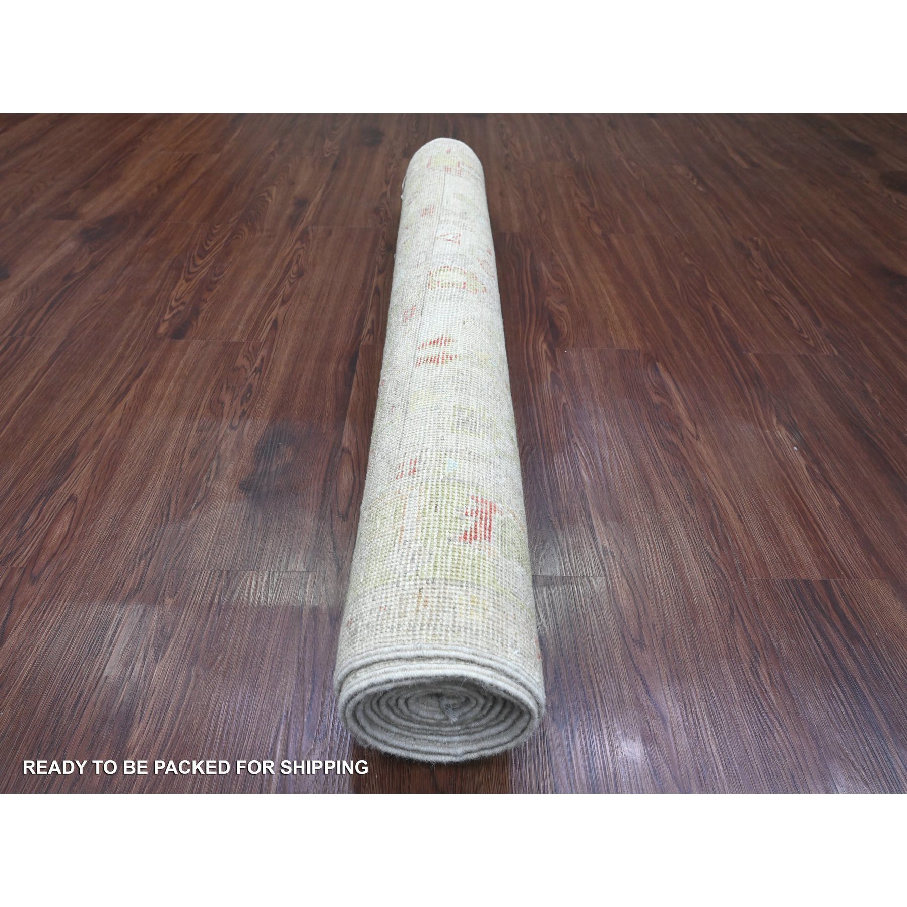 4'x9'10" Chiffon White, Hand Knotted, Afghan Angora Oushak with Floral Pattern, Vegetable Dyes, 100% Wool, Wide Runner, Oriental Rug Sh20486