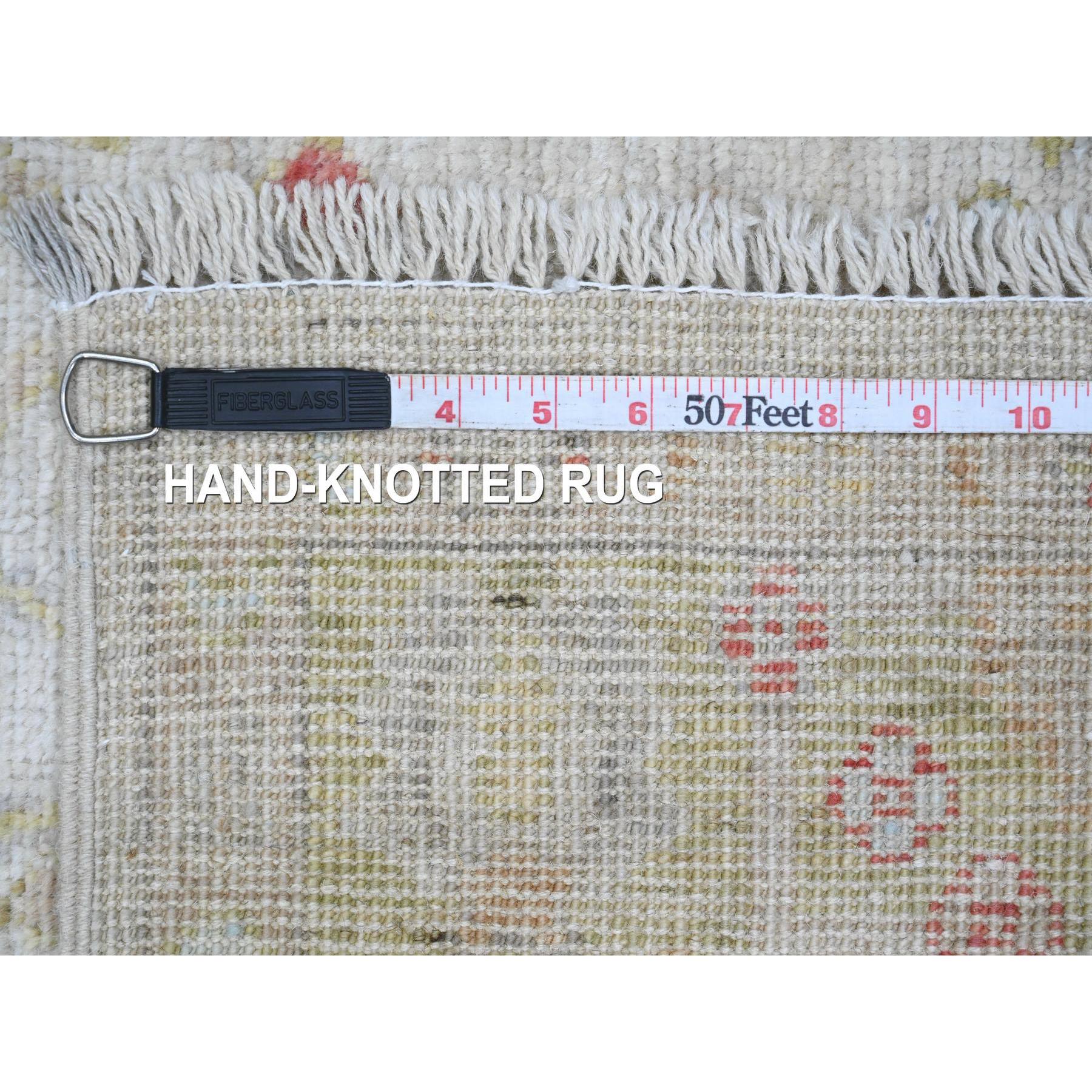 4'x9'10" Chiffon White, Hand Knotted, Afghan Angora Oushak with Floral Pattern, Vegetable Dyes, 100% Wool, Wide Runner, Oriental Rug Sh20486