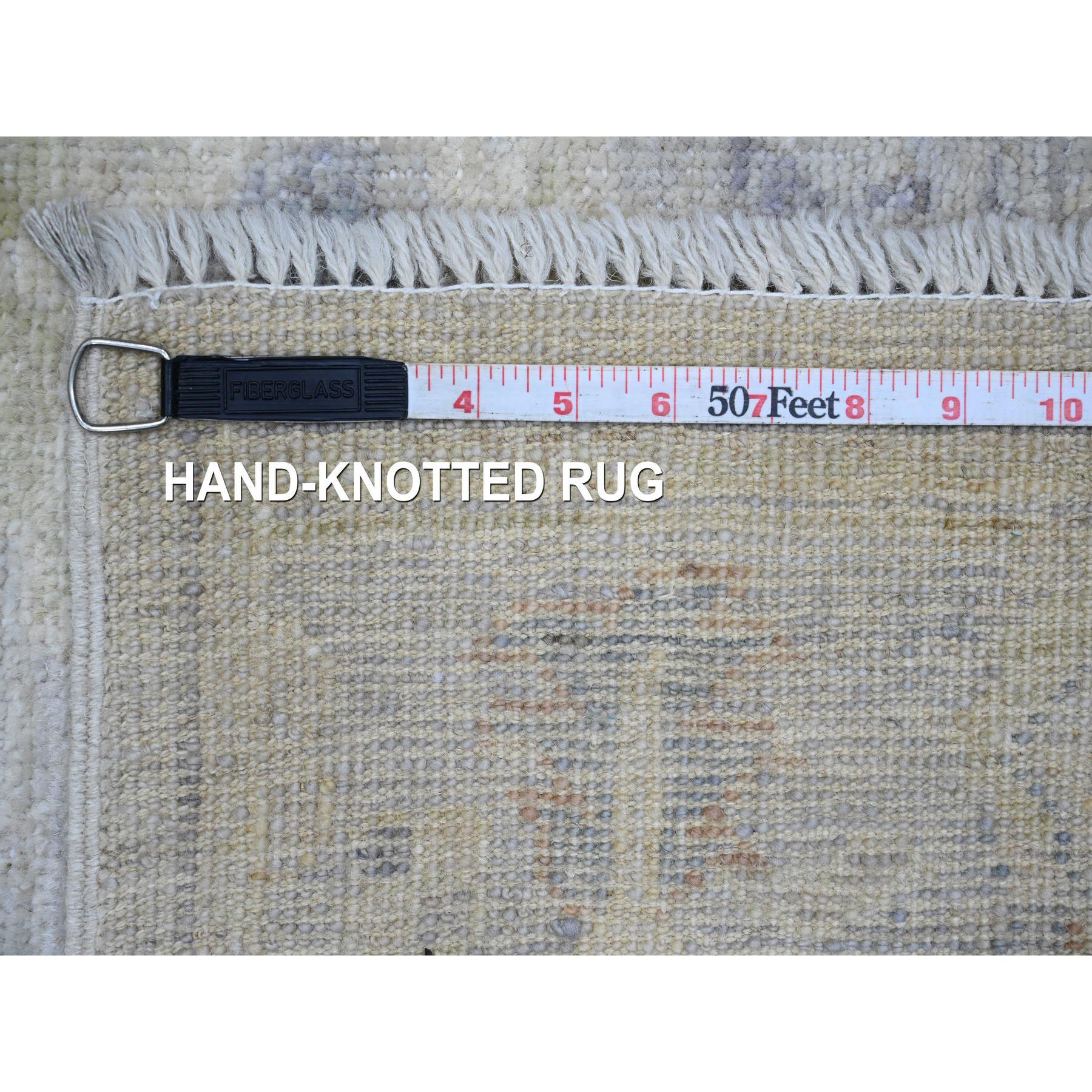 3'9"x12' Alabaster White, Afghan Angora Oushak with Soft Colors Leaf Design, Hand Knotted, Vegetable Dyes, Pure Wool, Runner, Oriental Rug Sh20495