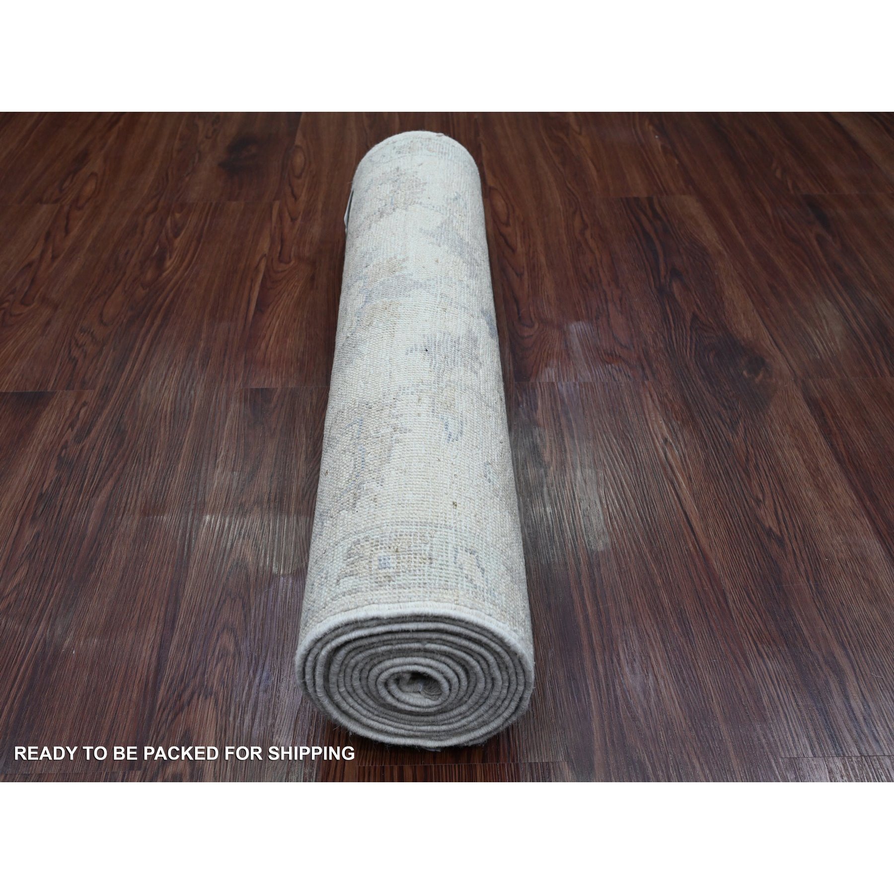2'5"x11'7" Pearl White, Washed Out Peshawar with All Over Leaf Design, Hand Knotted, 100% Wool, Vegetable Dyes, Runner, Oriental Rug Sh20502