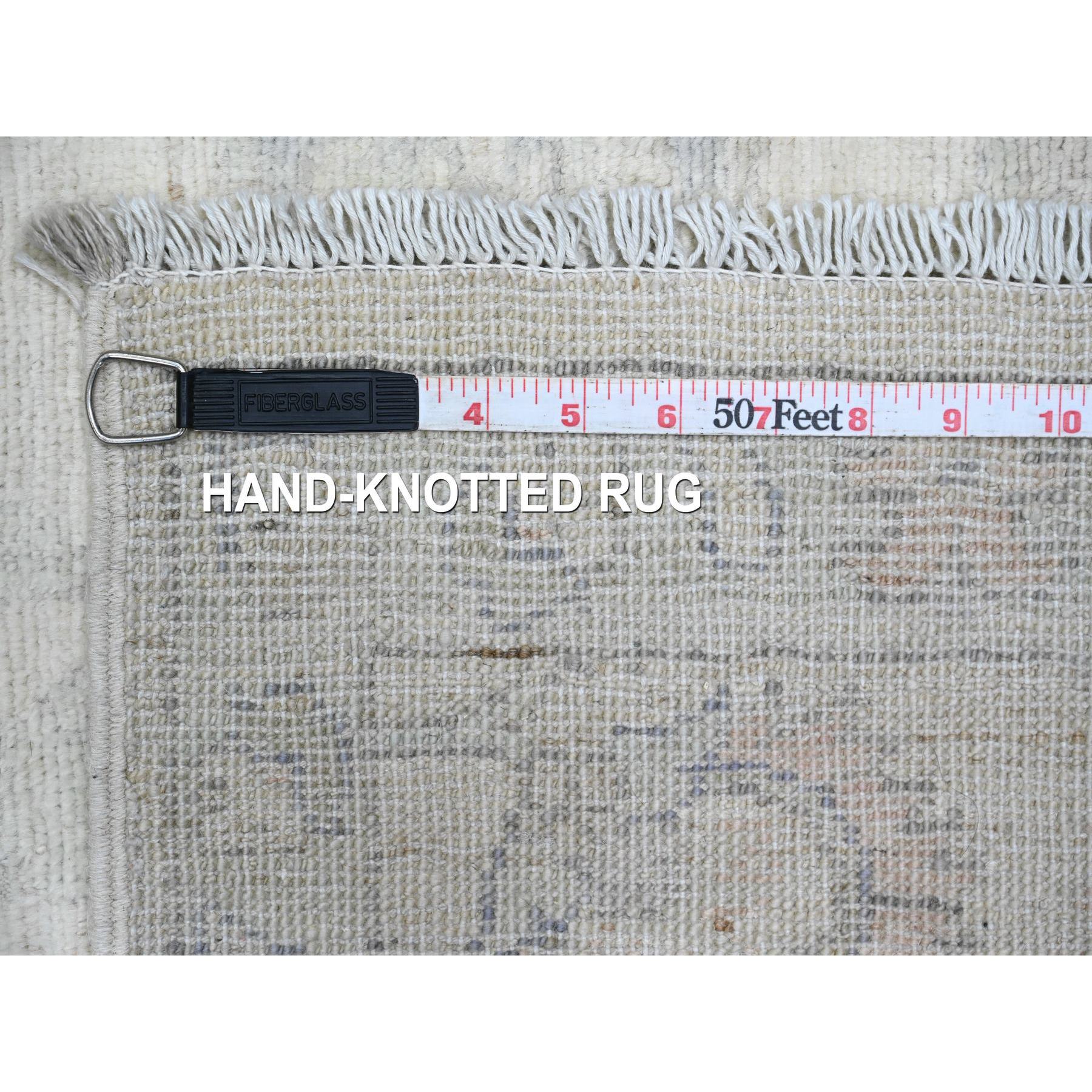 2'5"x11'7" Pearl White, Washed Out Peshawar with All Over Leaf Design, Hand Knotted, 100% Wool, Vegetable Dyes, Runner, Oriental Rug Sh20502