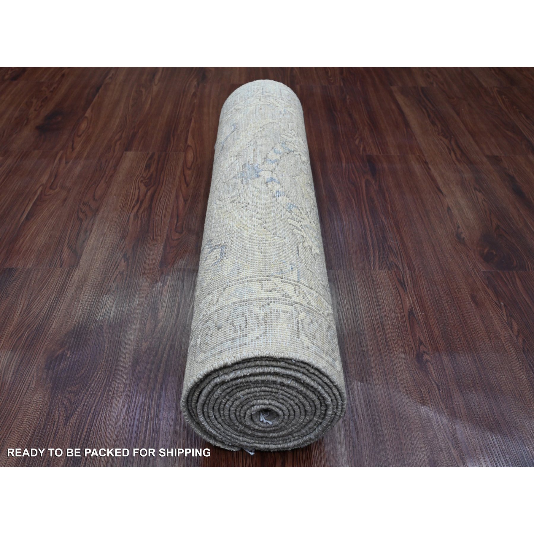 2'8"x16'1" Misty Gray, Stone Washed Peshawar with All Over Leaf Design, Hand Knotted, Vegetable Dyes, 100% Wool, XL Runner, Oriental Rug Sh20507
