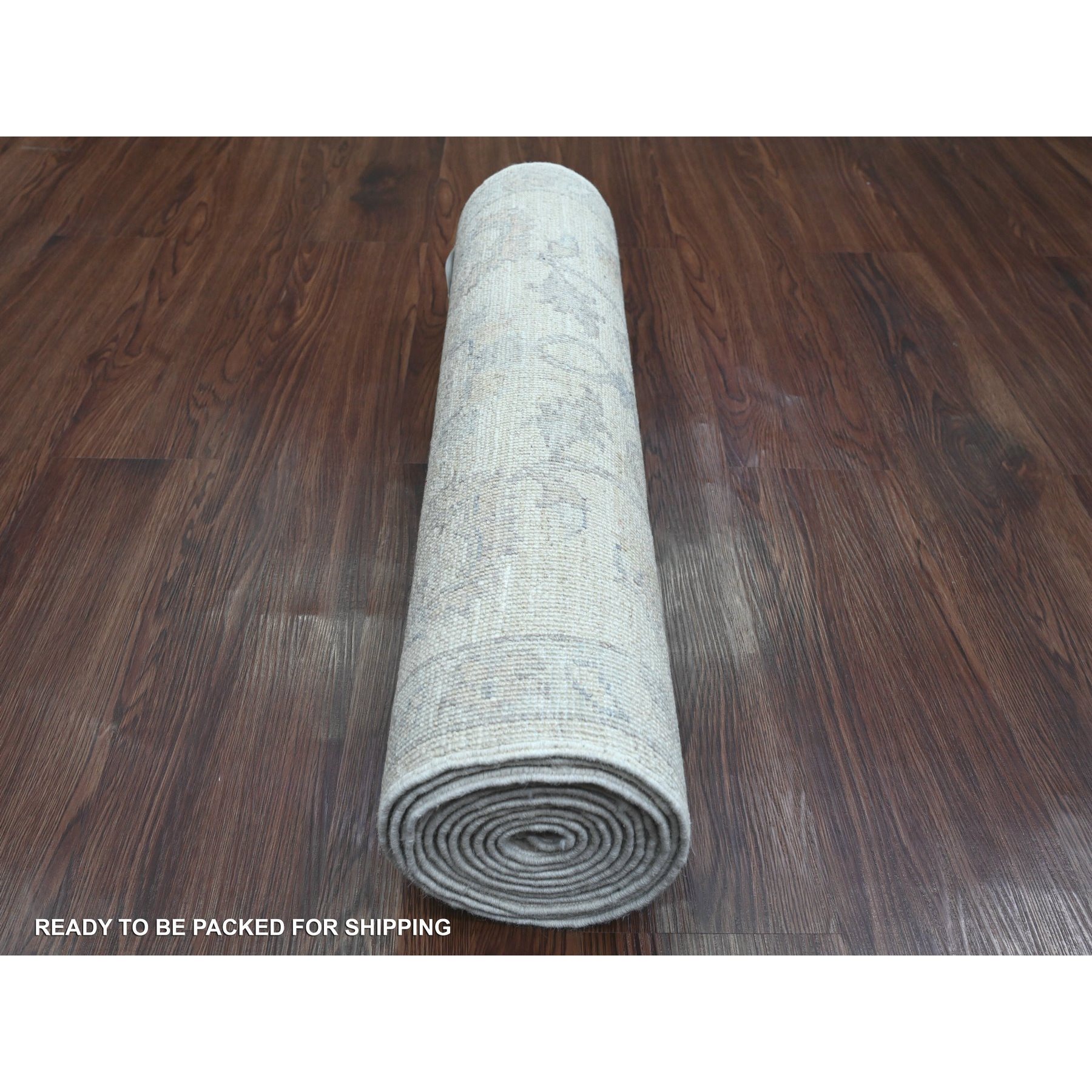 2'5"x11'1" Bone White, Washed Out Peshawar with All Over Leaf Design, Hand Knotted, Natural Dyes, 100% Wool, Runner, Oriental Rug Sh20509