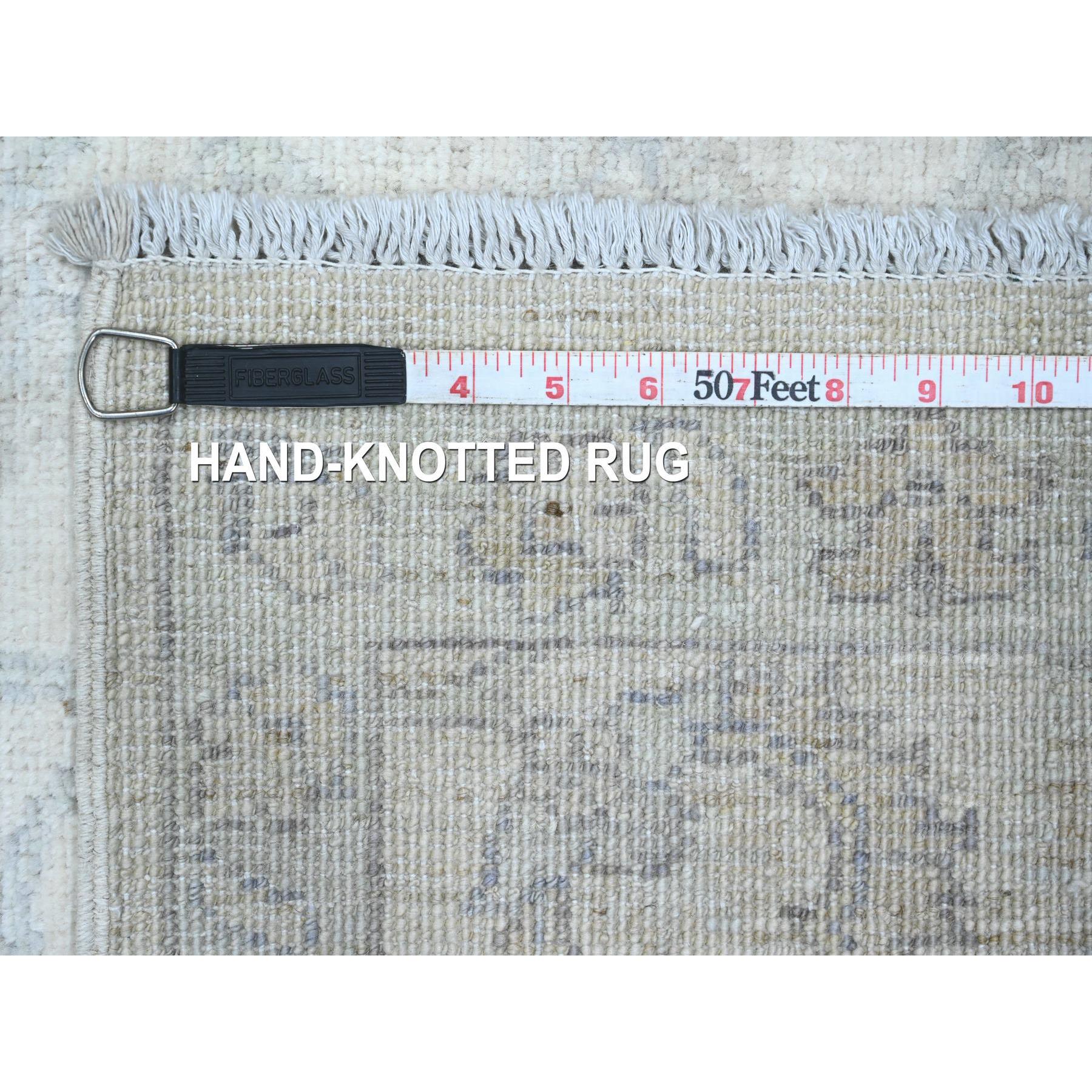 2'5"x11'1" Bone White, Washed Out Peshawar with All Over Leaf Design, Hand Knotted, Natural Dyes, 100% Wool, Runner, Oriental Rug Sh20509