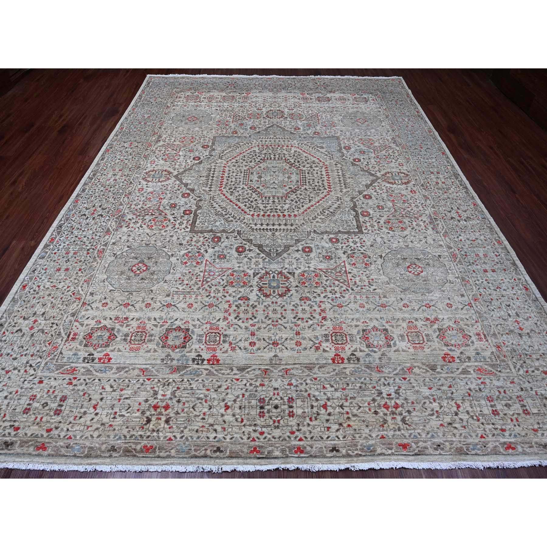 9'x11'10" Medium Gray, 14th Century Mamluk Dynasty Pattern with Geometric Medallion Design, Hand Knotted, 100% Wool, Natural Dyes, Oriental Rug Sh20513