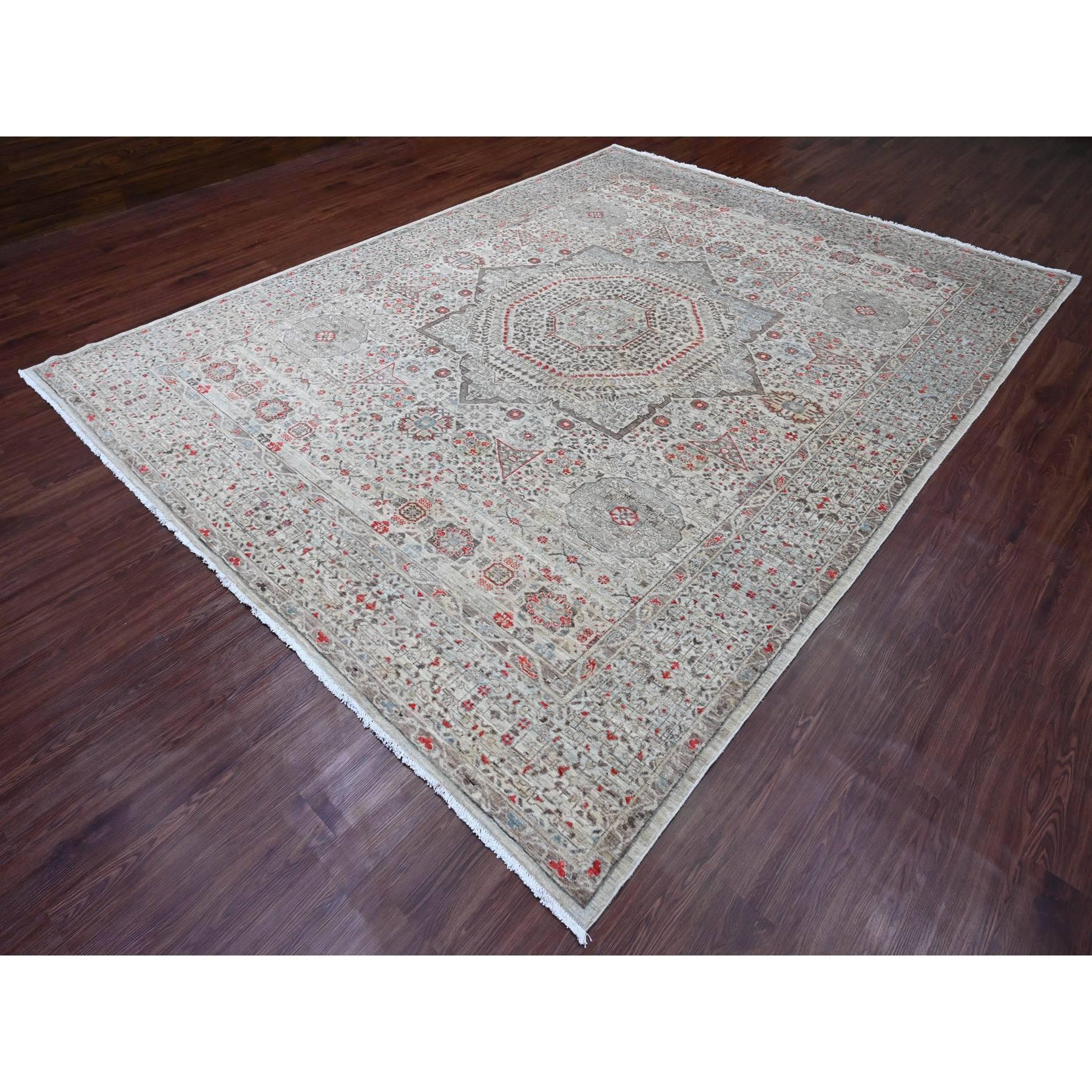 9'x11'10" Medium Gray, 14th Century Mamluk Dynasty Pattern with Geometric Medallion Design, Hand Knotted, 100% Wool, Natural Dyes, Oriental Rug Sh20513