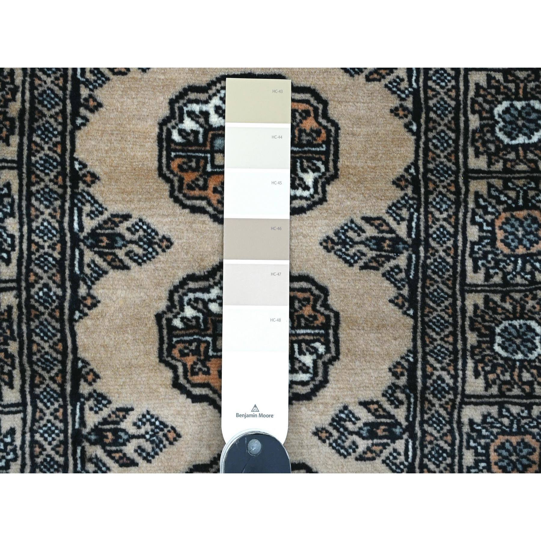 2'1"x5'9" Linen White, Hand Knotted, Mori Bokara with Geometric Medallions Design, 100% Wool, Runner, Oriental Rug Sh20516