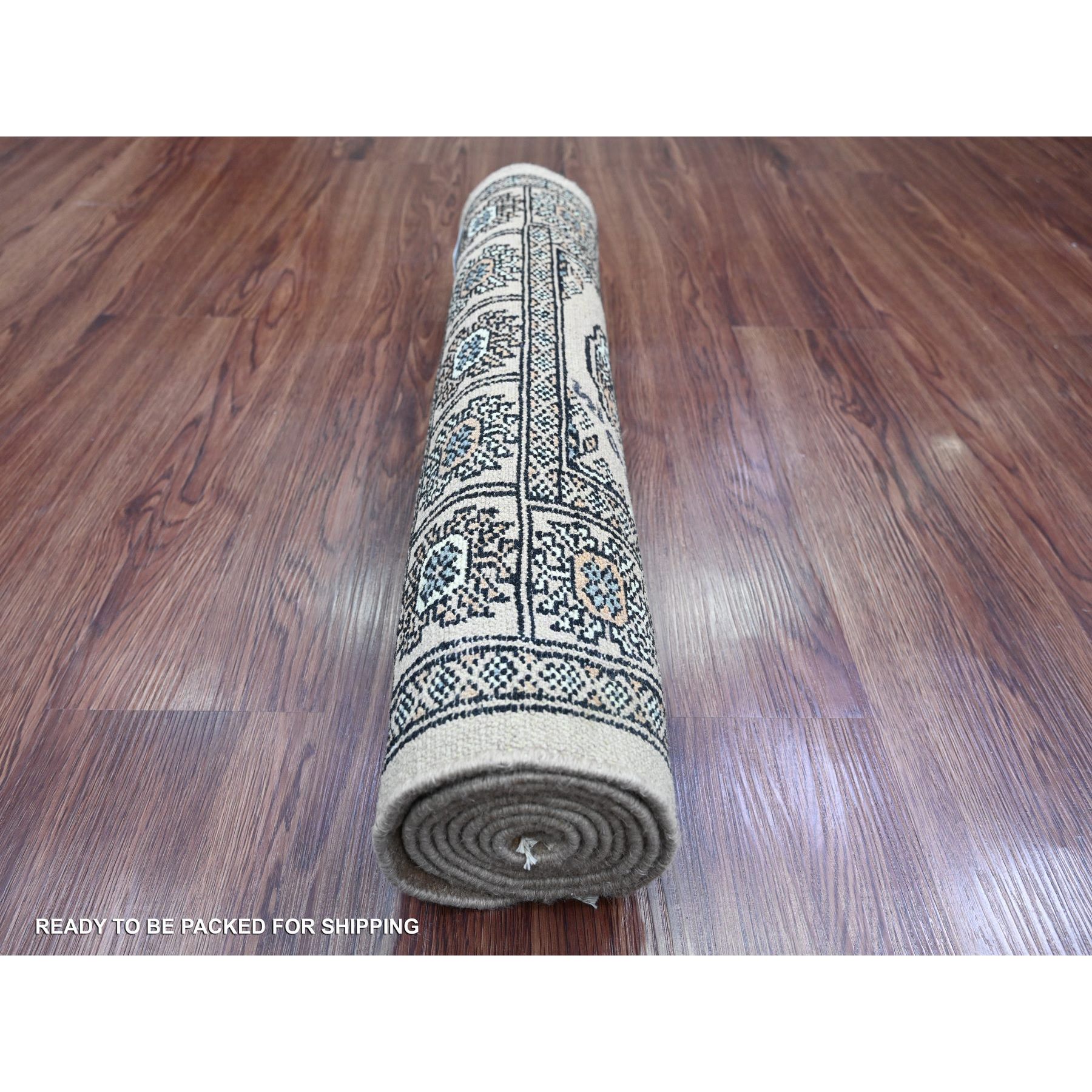 2'1"x5'9" Linen White, Hand Knotted, Mori Bokara with Geometric Medallions Design, 100% Wool, Runner, Oriental Rug Sh20516