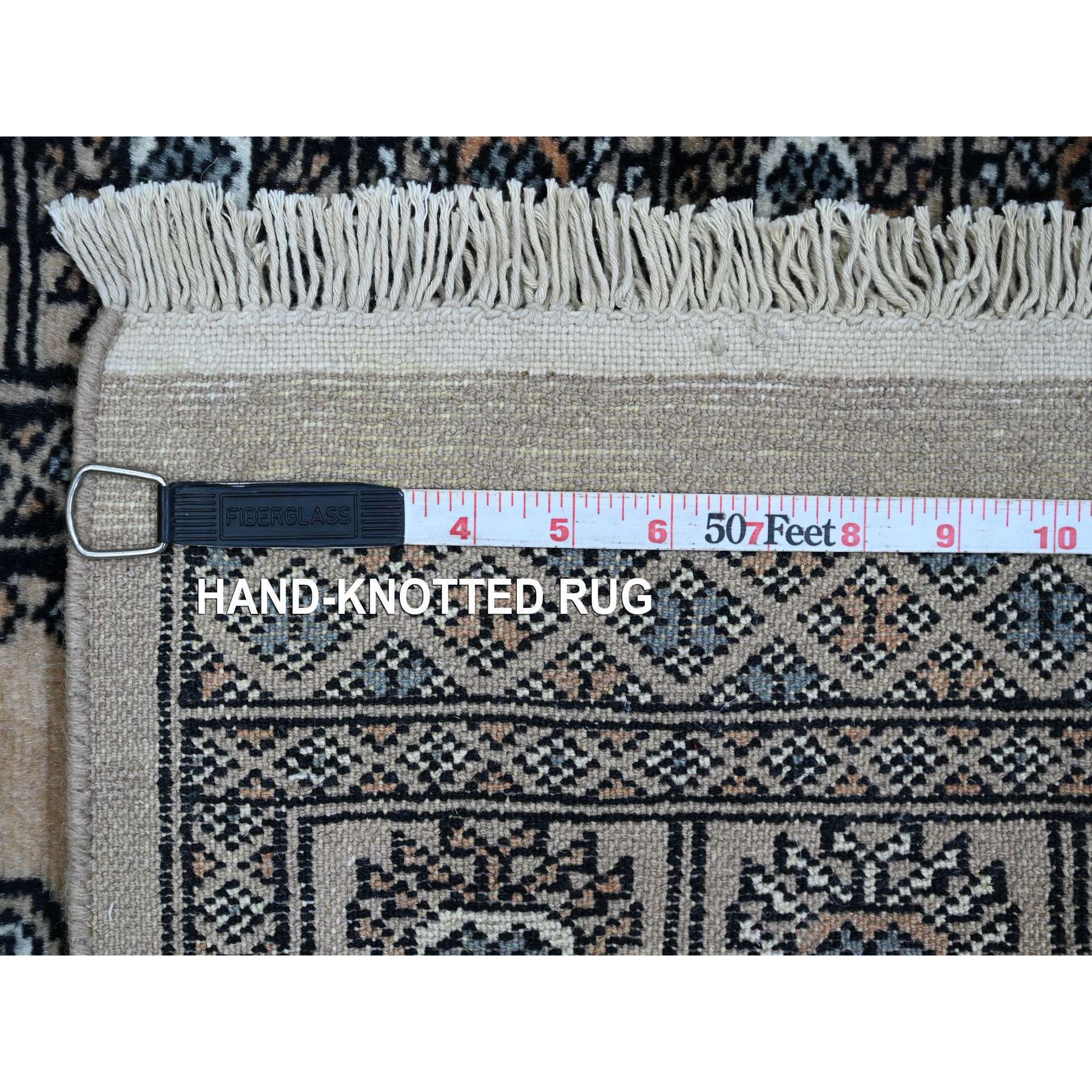 2'1"x5'9" Linen White, Hand Knotted, Mori Bokara with Geometric Medallions Design, 100% Wool, Runner, Oriental Rug Sh20516