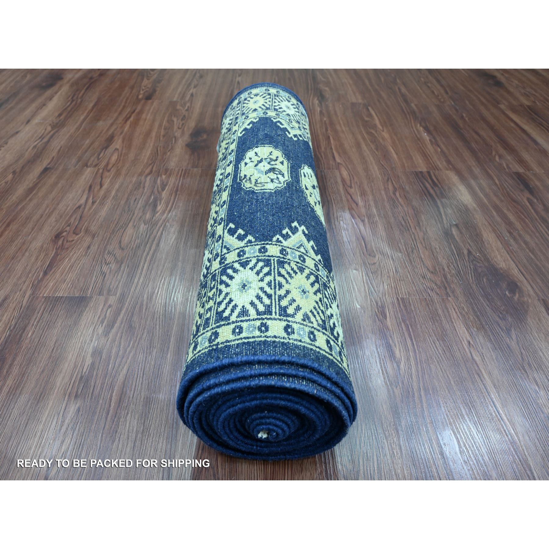 2'6"x19'7" Yale Blue, Mori Bokara with Geometric Medallions Design, Hand Knotted, Soft Pile, Pure Wool, XL Runner, Oriental Rug Sh20517