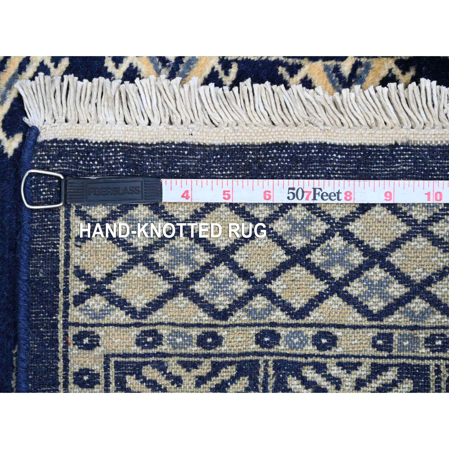 2'6"x19'7" Yale Blue, Mori Bokara with Geometric Medallions Design, Hand Knotted, Soft Pile, Pure Wool, XL Runner, Oriental Rug Sh20517