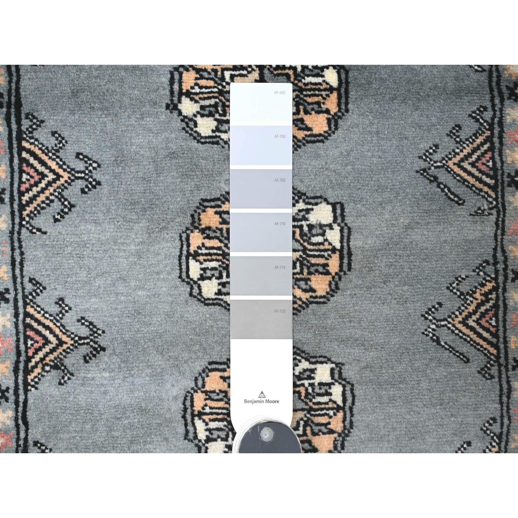 2'7"x11'10" Misty Gray, Soft Wool, Mori Bokara with Geometric Medallions Design, Hand Knotted, Runner, Oriental Rug Sh20518
