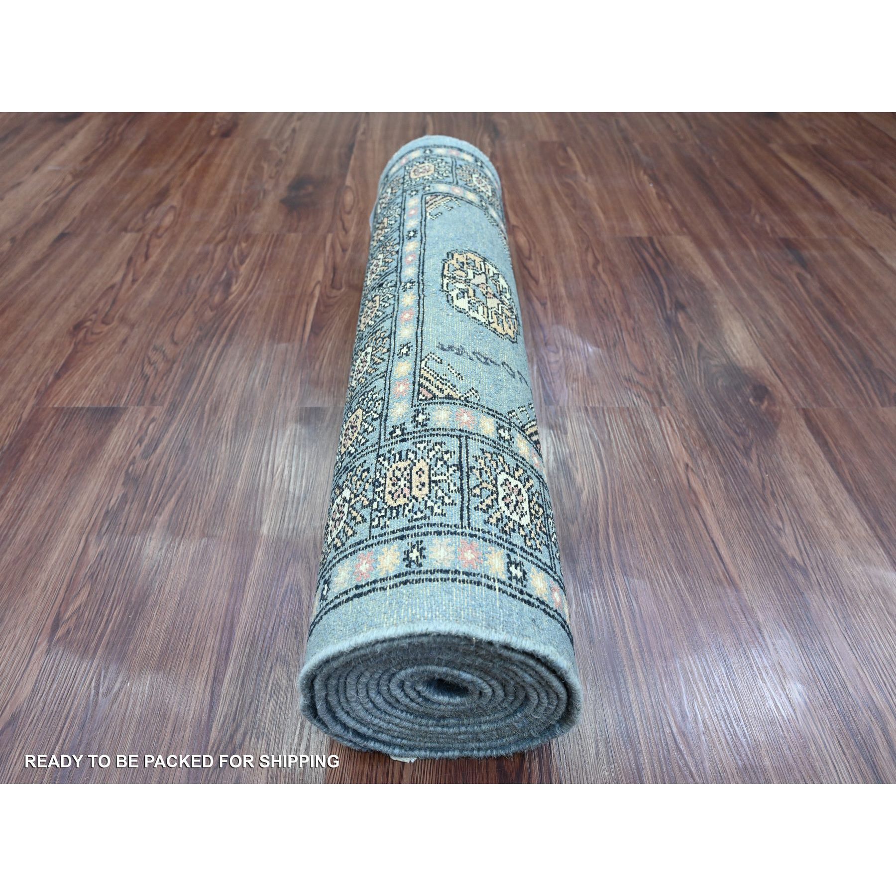2'7"x11'10" Misty Gray, Soft Wool, Mori Bokara with Geometric Medallions Design, Hand Knotted, Runner, Oriental Rug Sh20518