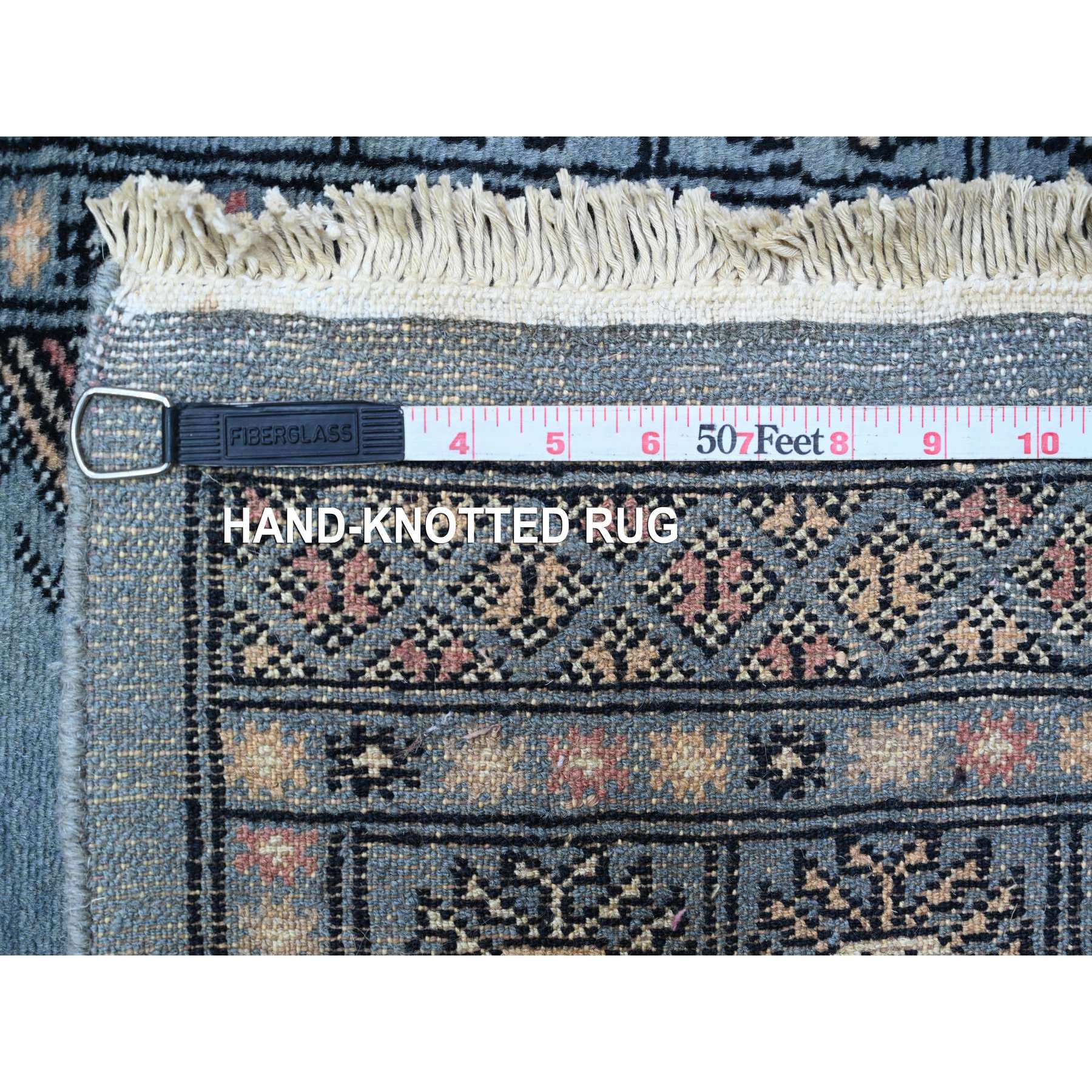 2'7"x11'10" Misty Gray, Soft Wool, Mori Bokara with Geometric Medallions Design, Hand Knotted, Runner, Oriental Rug Sh20518