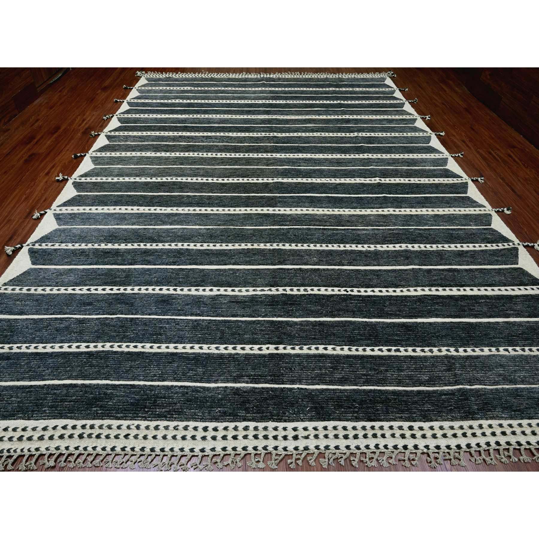 10'4"x14'2" Charcoal Black, Moroccan Weave with Line Design, Soft Wool, Tone on Tone, Hand Knotted, Textured Pile, Oriental Rug Sh20523