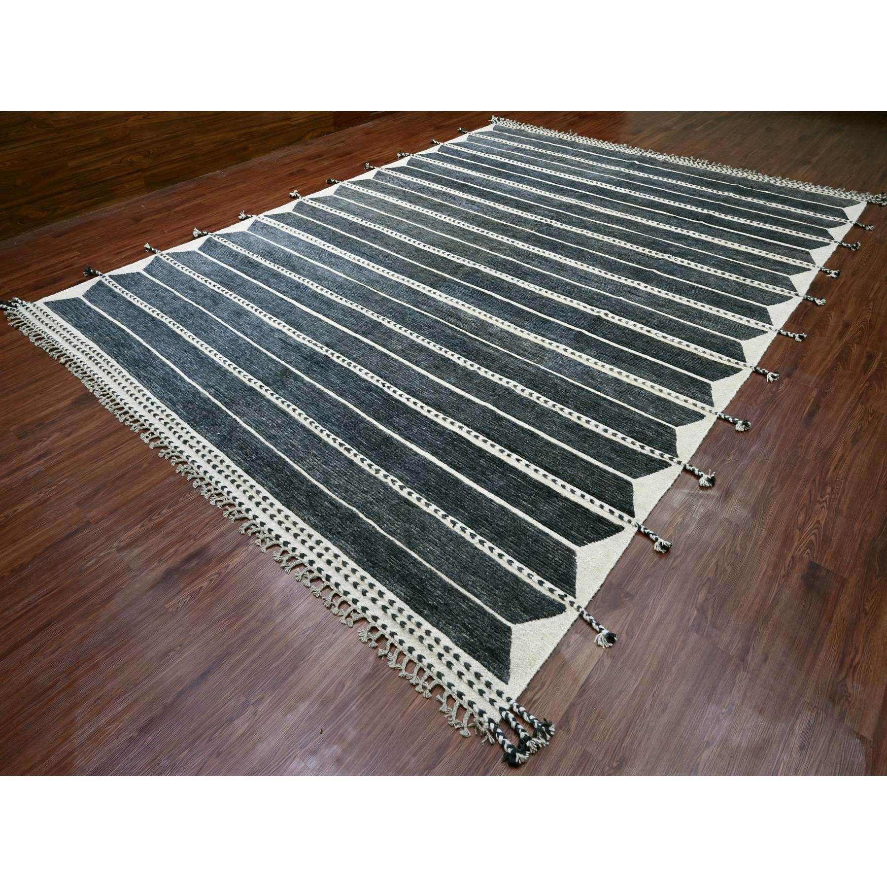 10'4"x14'2" Charcoal Black, Moroccan Weave with Line Design, Soft Wool, Tone on Tone, Hand Knotted, Textured Pile, Oriental Rug Sh20523