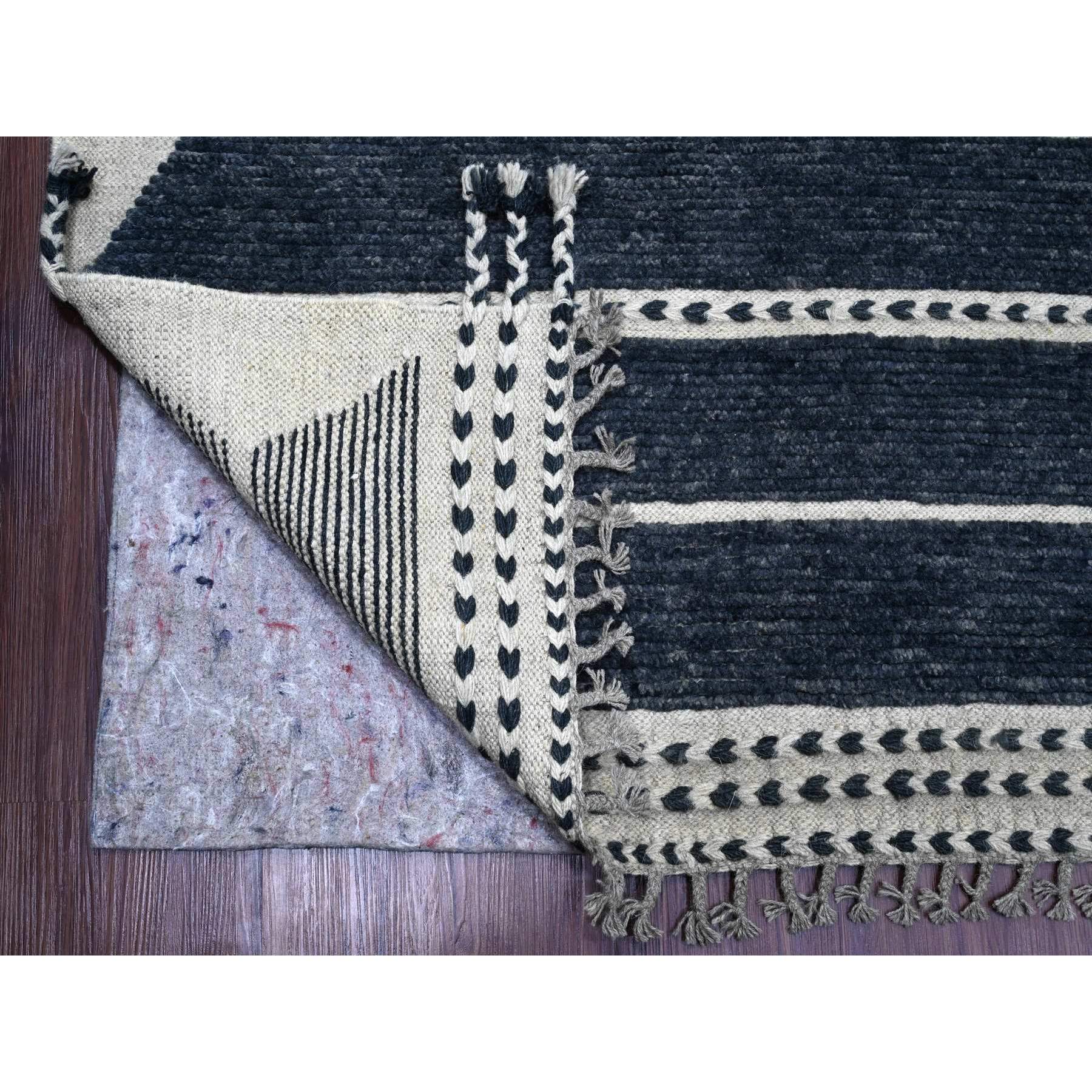 10'4"x14'2" Charcoal Black, Moroccan Weave with Line Design, Soft Wool, Tone on Tone, Hand Knotted, Textured Pile, Oriental Rug Sh20523