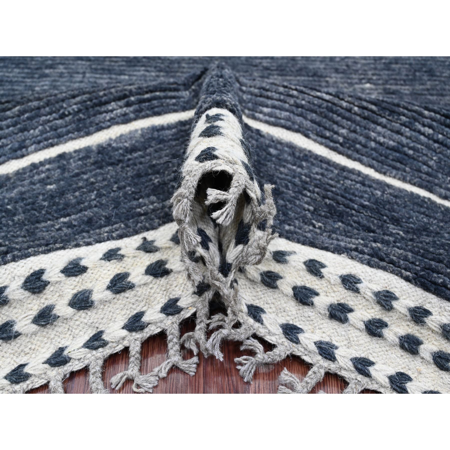 10'4"x14'2" Charcoal Black, Moroccan Weave with Line Design, Soft Wool, Tone on Tone, Hand Knotted, Textured Pile, Oriental Rug Sh20523