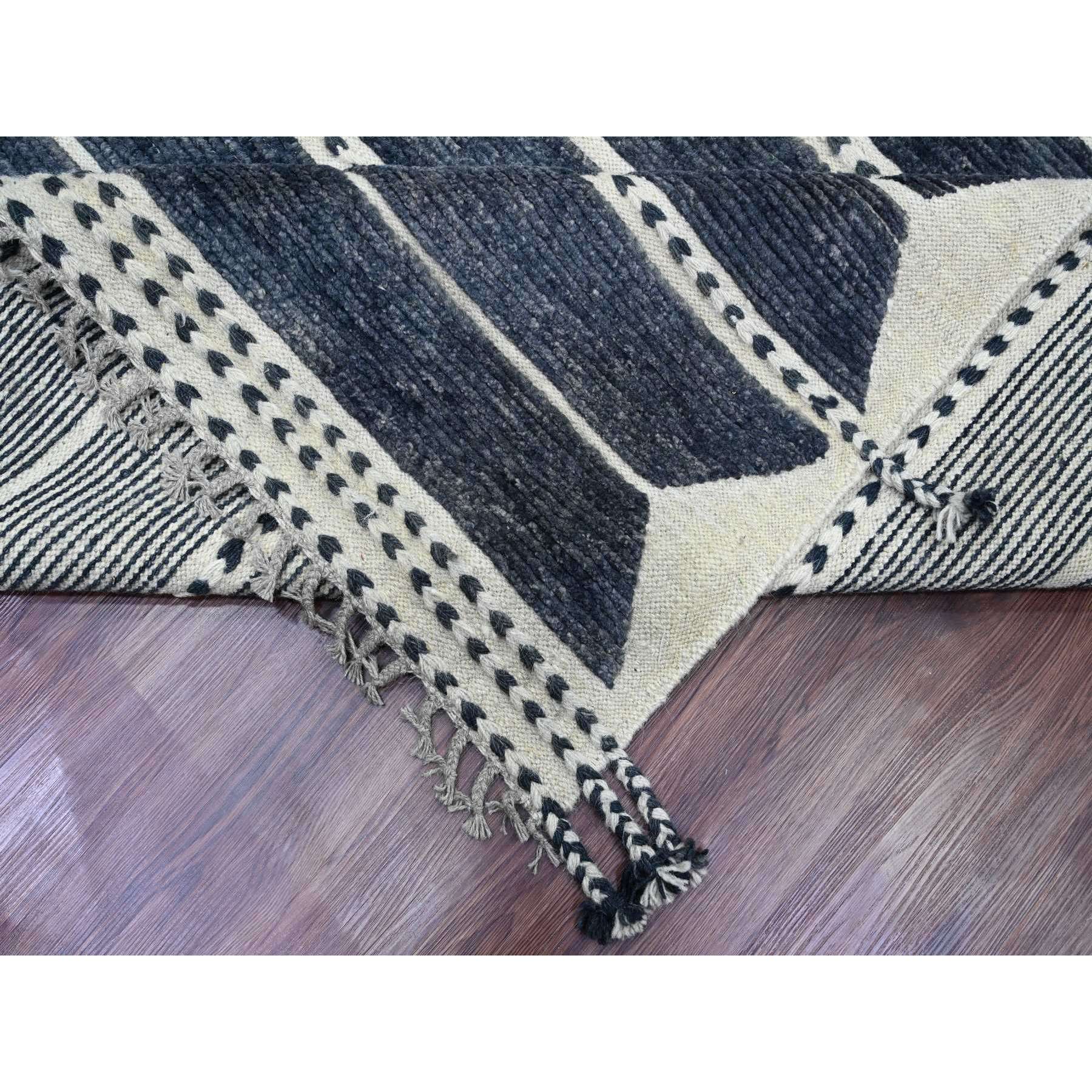 10'4"x14'2" Charcoal Black, Moroccan Weave with Line Design, Soft Wool, Tone on Tone, Hand Knotted, Textured Pile, Oriental Rug Sh20523