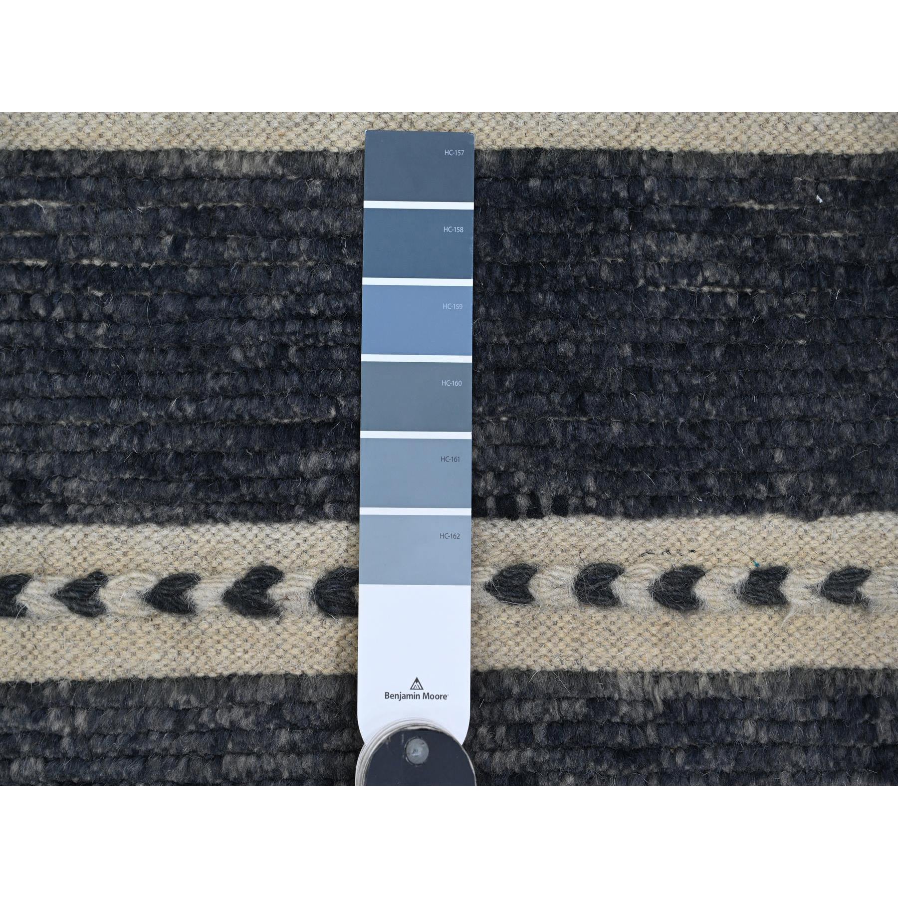 10'4"x14'2" Charcoal Black, Moroccan Weave with Line Design, Soft Wool, Tone on Tone, Hand Knotted, Textured Pile, Oriental Rug Sh20523
