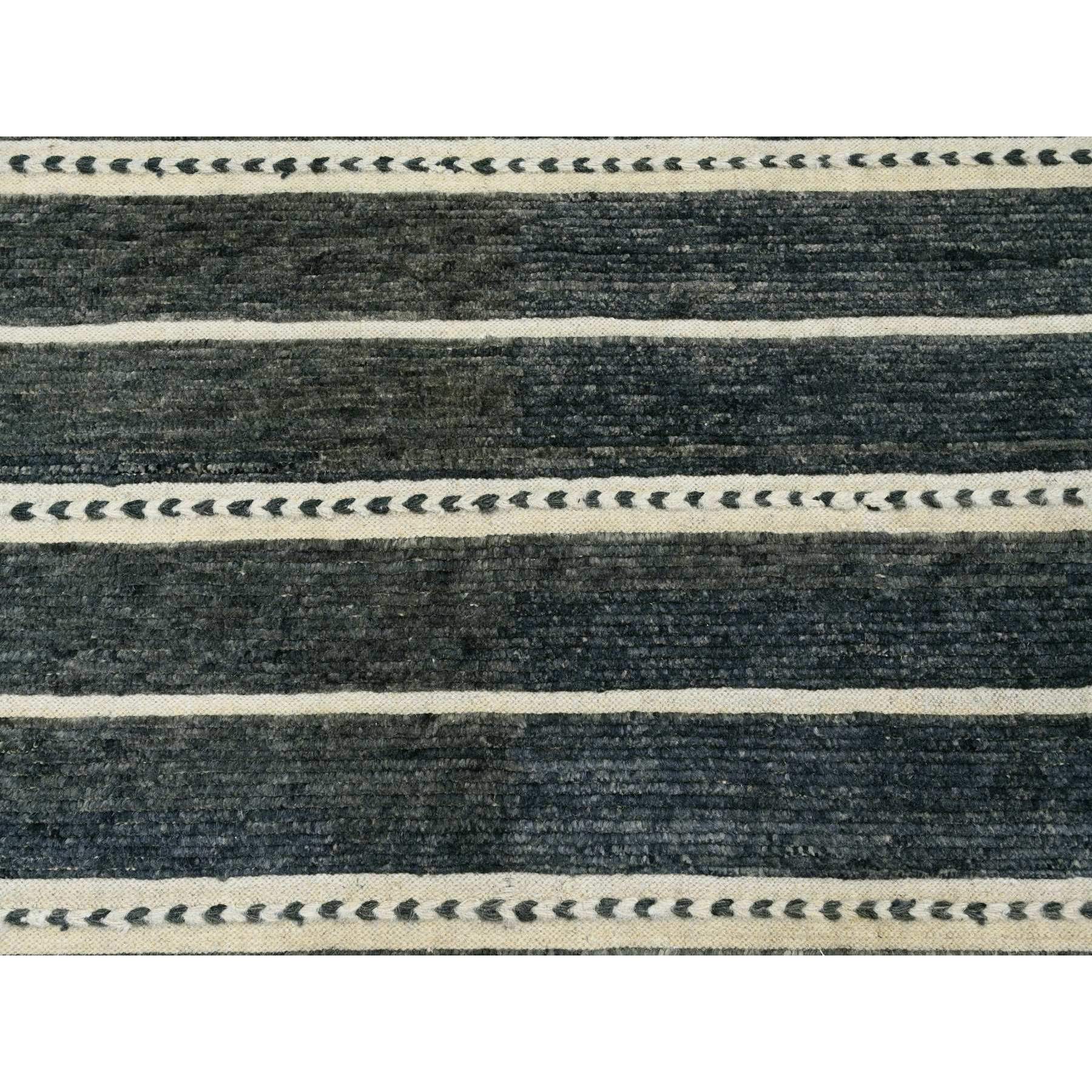 10'4"x14'2" Charcoal Black, Moroccan Weave with Line Design, Soft Wool, Tone on Tone, Hand Knotted, Textured Pile, Oriental Rug Sh20523
