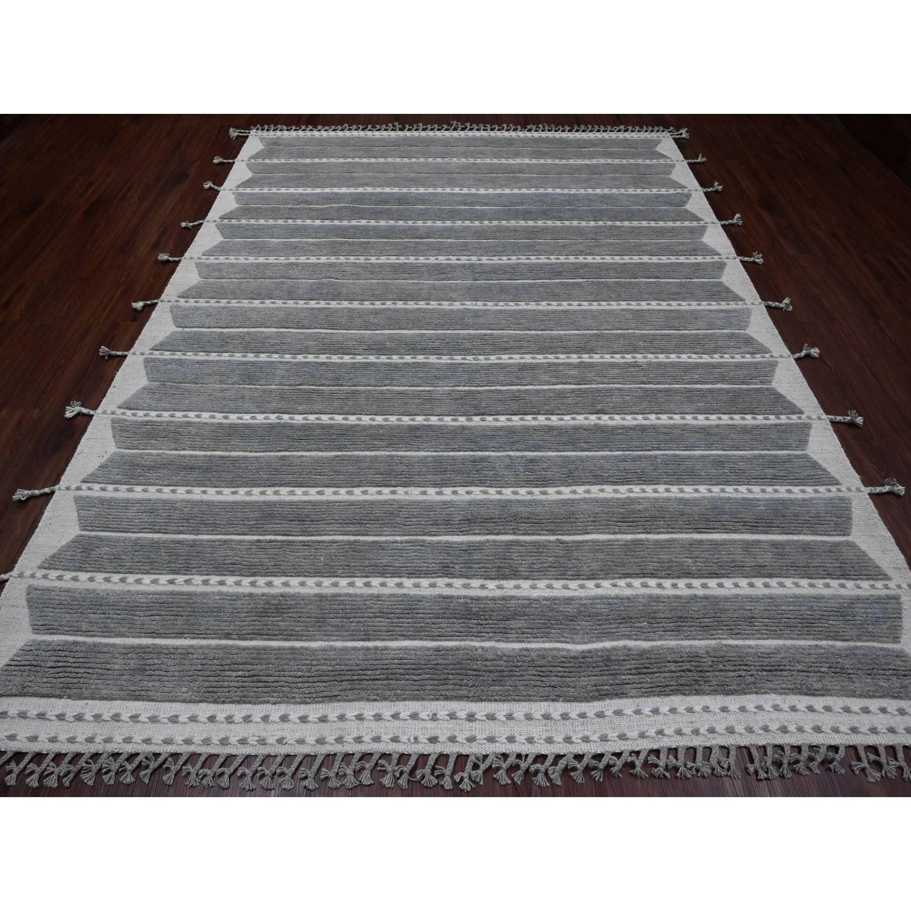 8'x10'7" Spanish Gray, Moroccan Weave with Geometric Pattern, Soft Wool, Hand Knotted, Tone on Tone, Textured Pile, Oriental Rug Sh20526