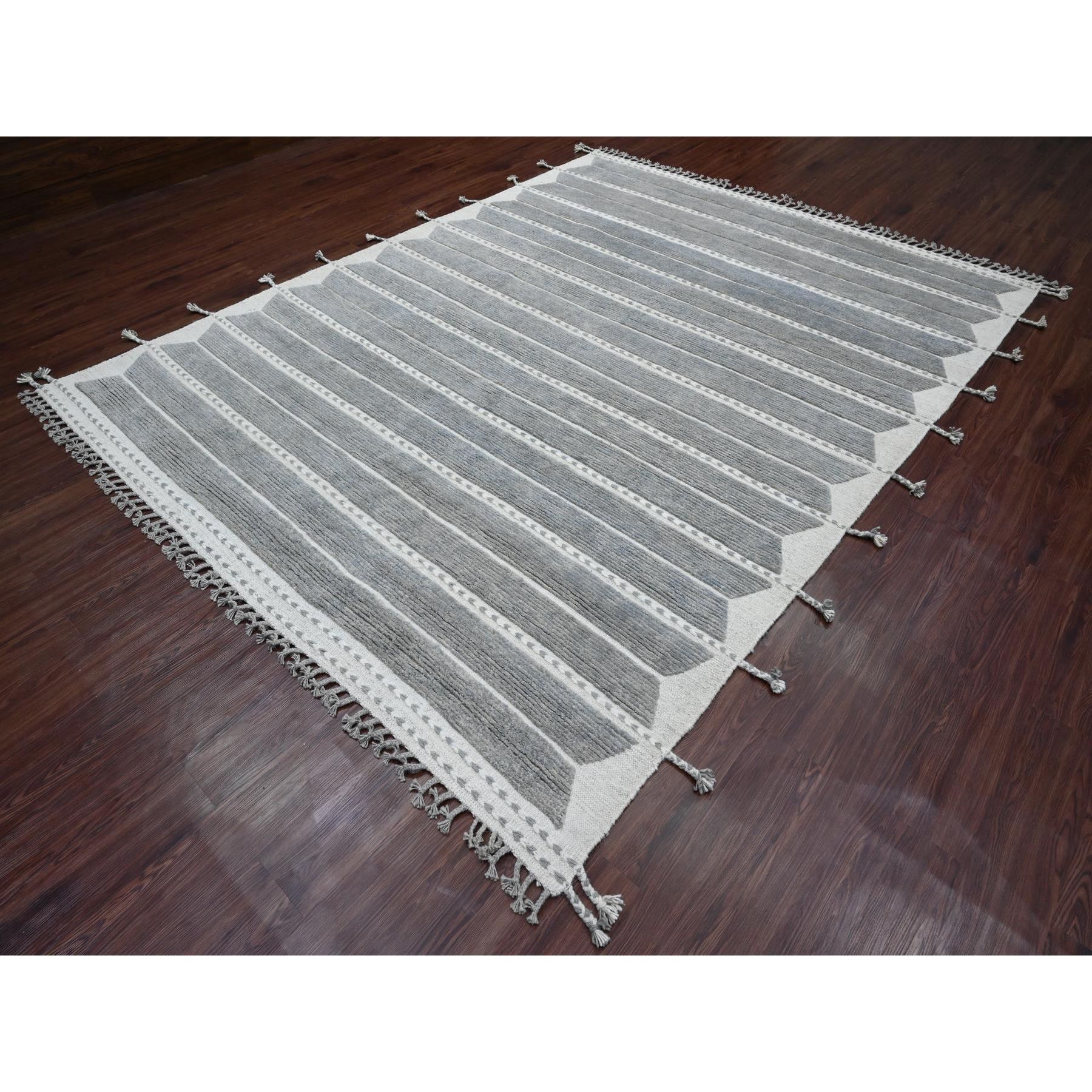 8'x10'7" Spanish Gray, Moroccan Weave with Geometric Pattern, Soft Wool, Hand Knotted, Tone on Tone, Textured Pile, Oriental Rug Sh20526