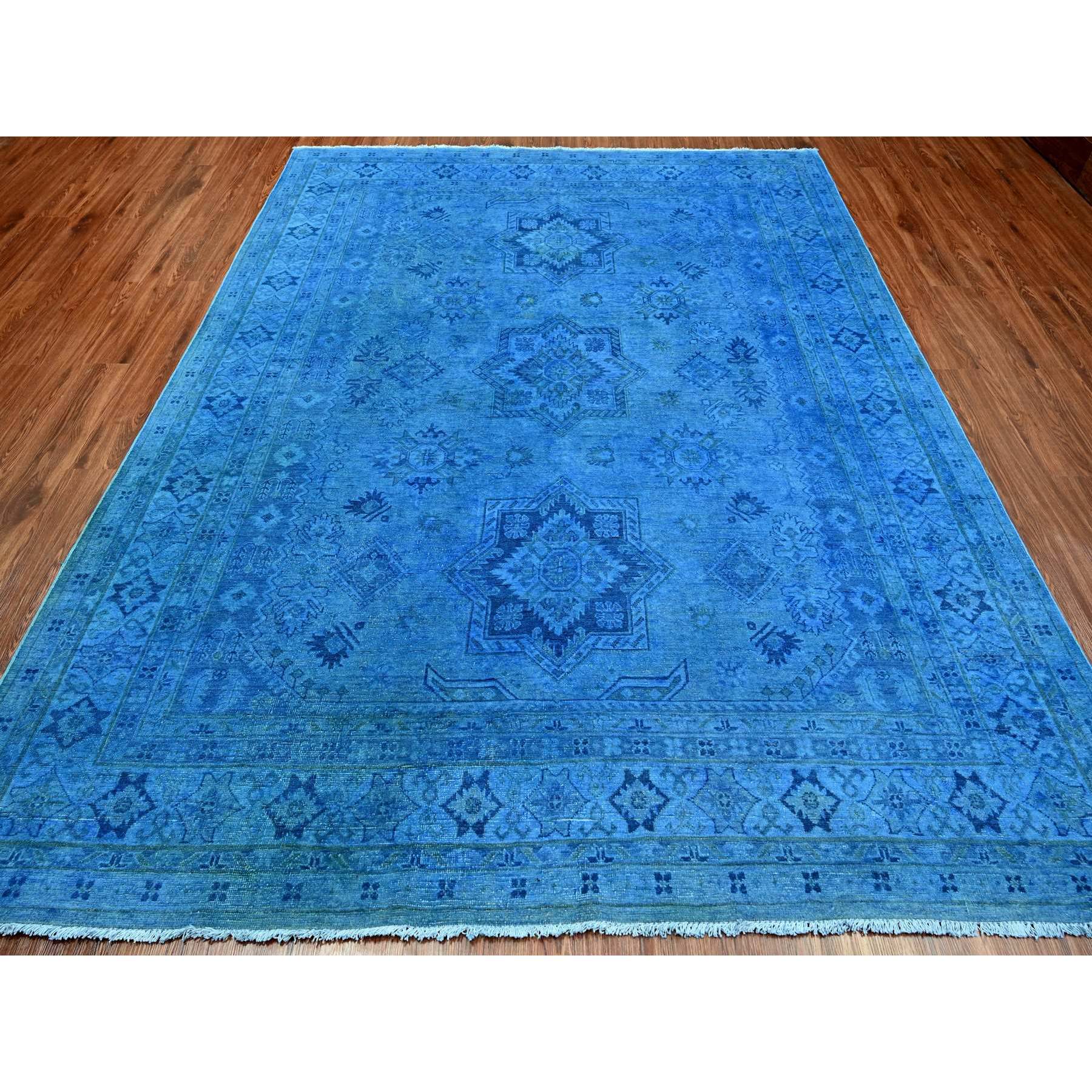 8'x10' Imperial Blue, Overdyed Kazak with Star Medallion Design, Pure Wool, Hand Knotted, Oriental Rug Sh20527