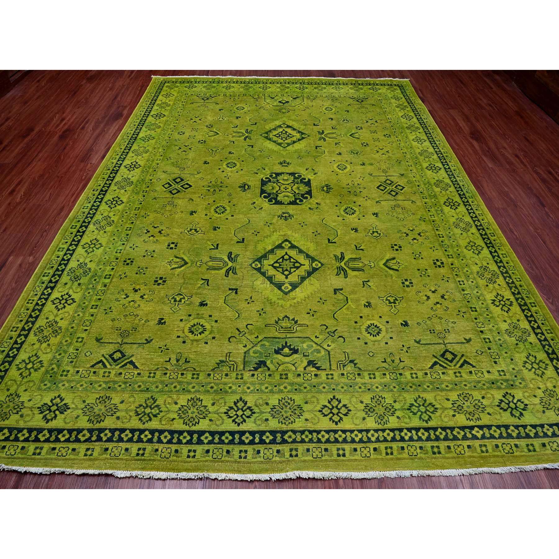 8'7"x11'6" Pear Green, Overdyed Kazak with All Over Geometric Pattern, Hand Knotted, 100% Wool, Oriental Rug Sh20529