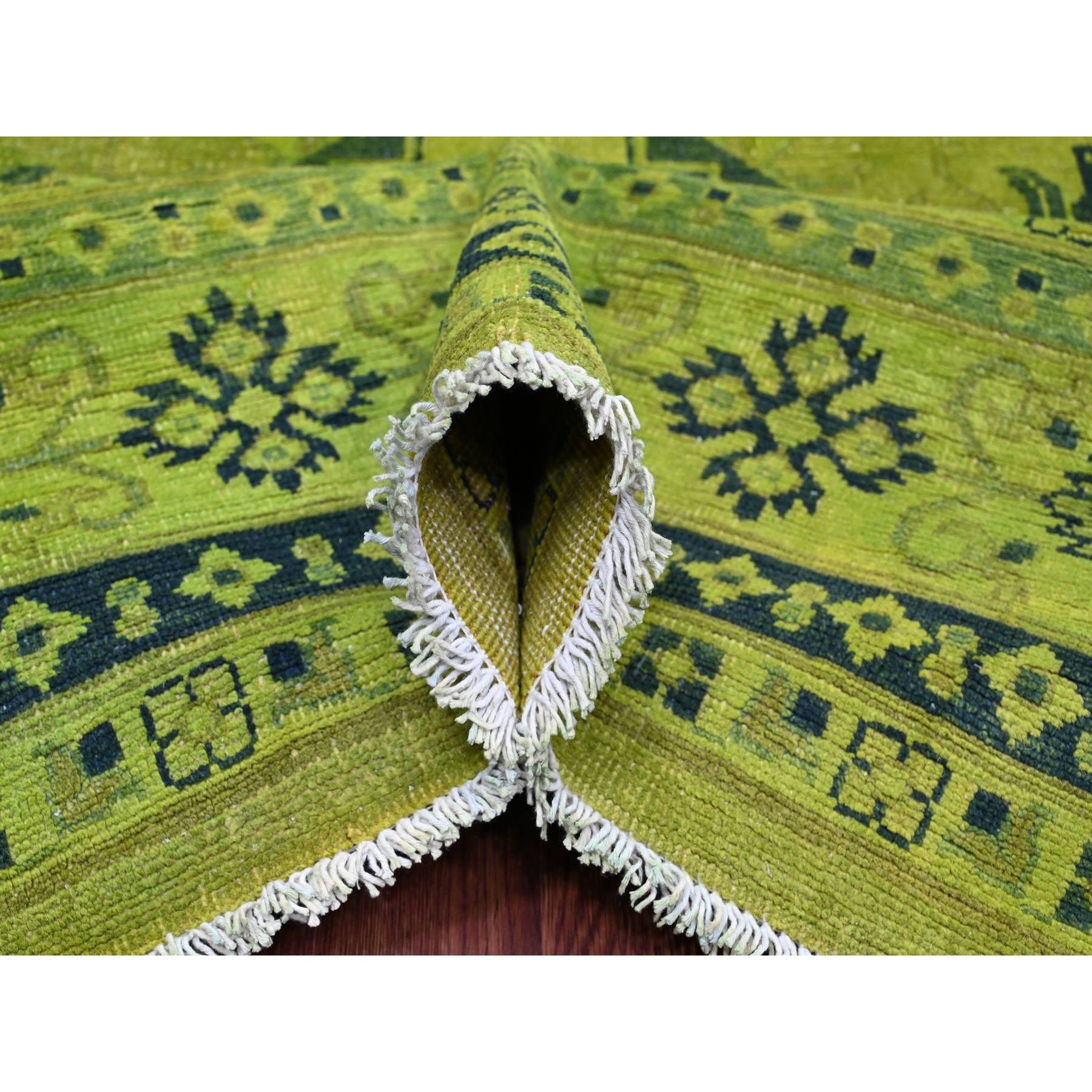 8'7"x11'6" Pear Green, Overdyed Kazak with All Over Geometric Pattern, Hand Knotted, 100% Wool, Oriental Rug Sh20529